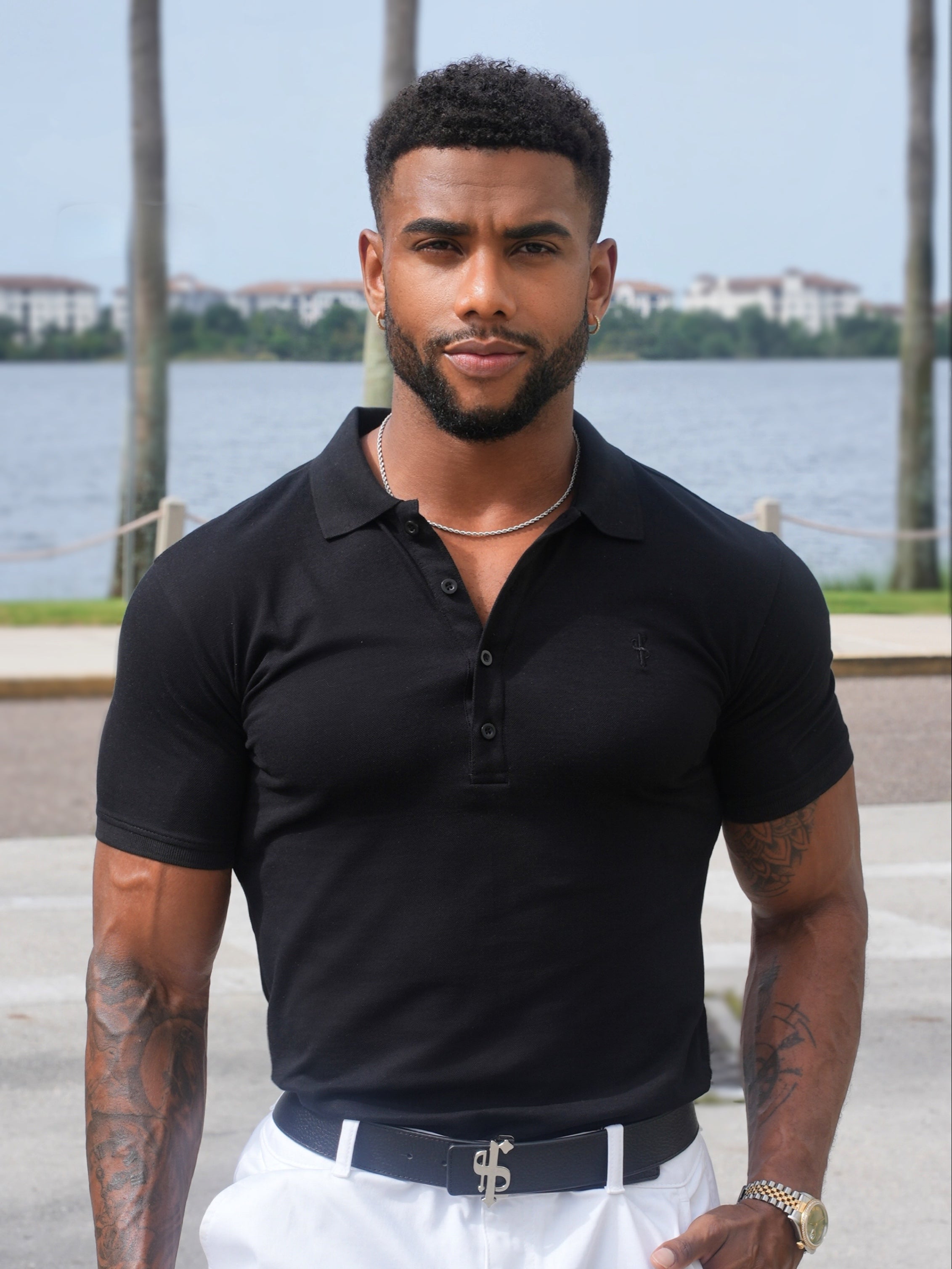 Classic Black Polo Shirt with Tonal Button and Embroidery - FSH824