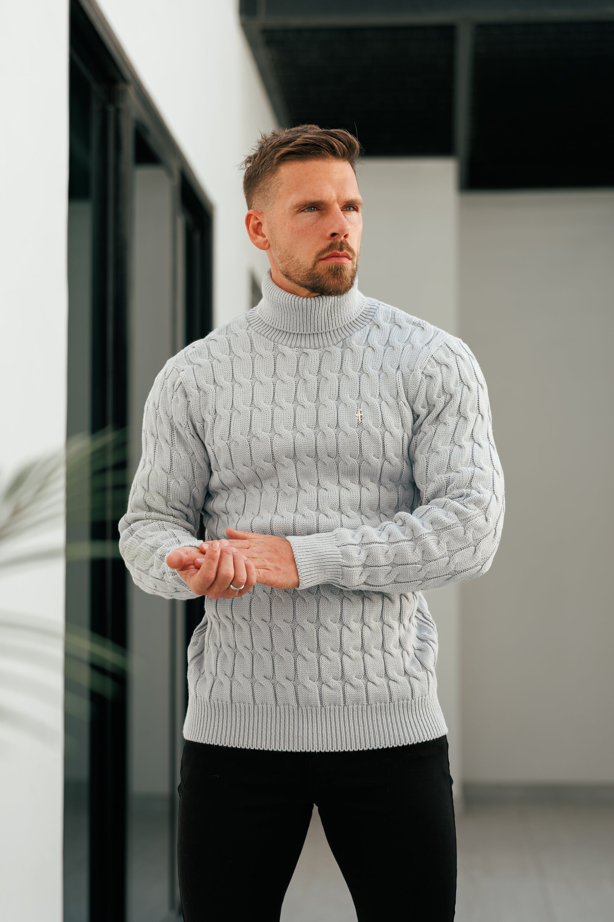 Link Weave Knit Cop Grey Roll Neck Jumper - FSJ104