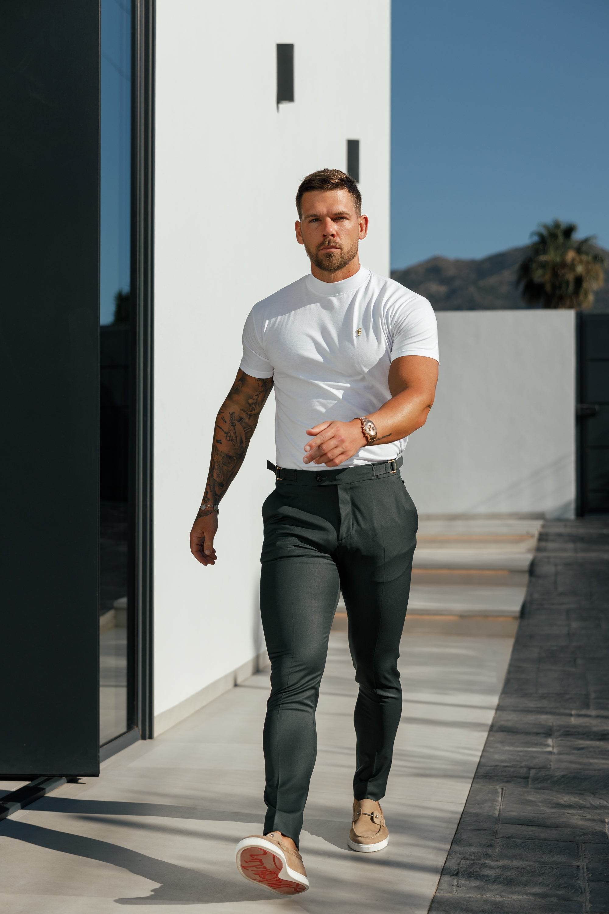 Ribbed High Neck Crew Short Sleeve White / Gold  - FSH1006