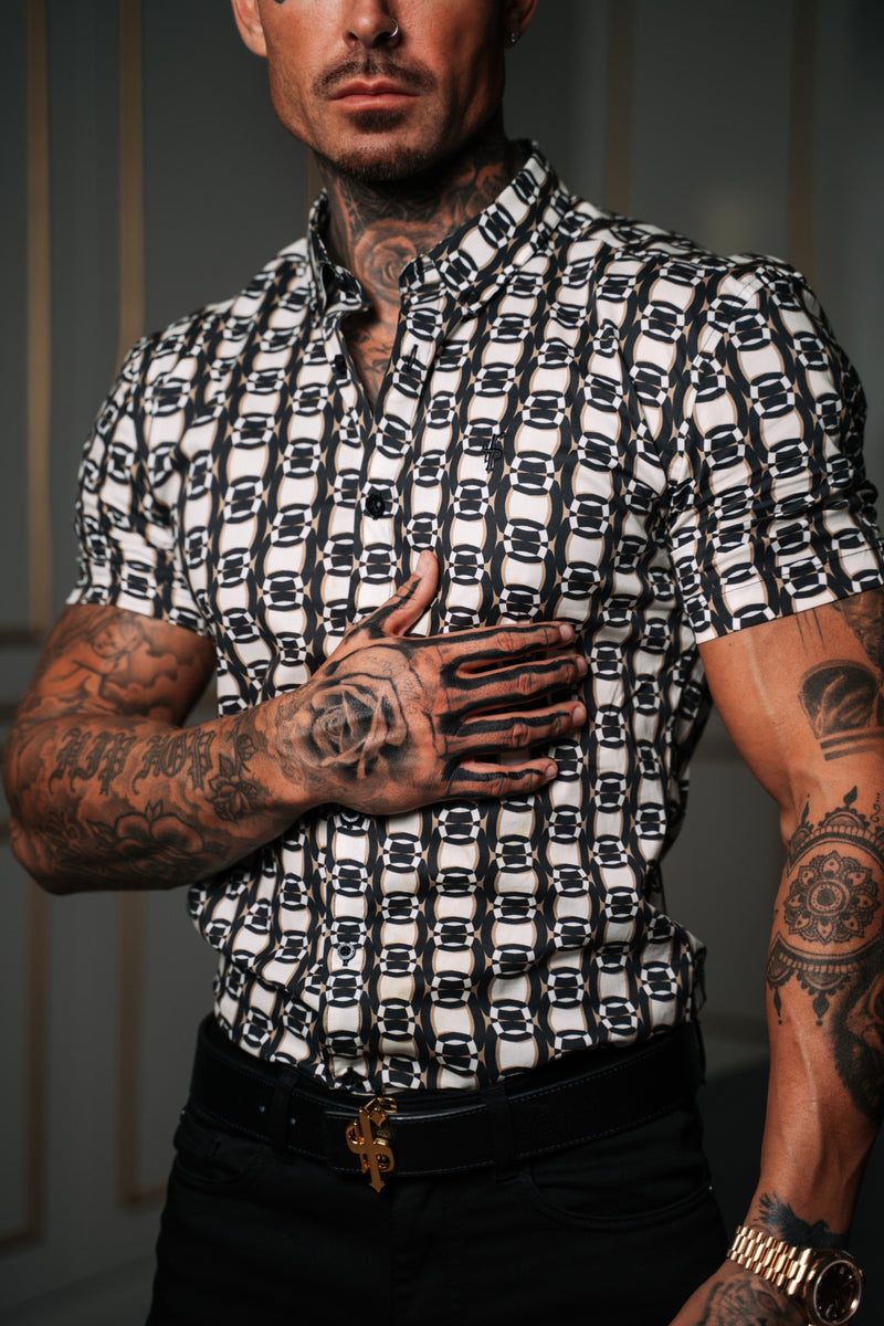 Father Sons Super Slim Stretch Black / Cream / Taupe Link Print Short Sleeve with Button Down Collar - FS849