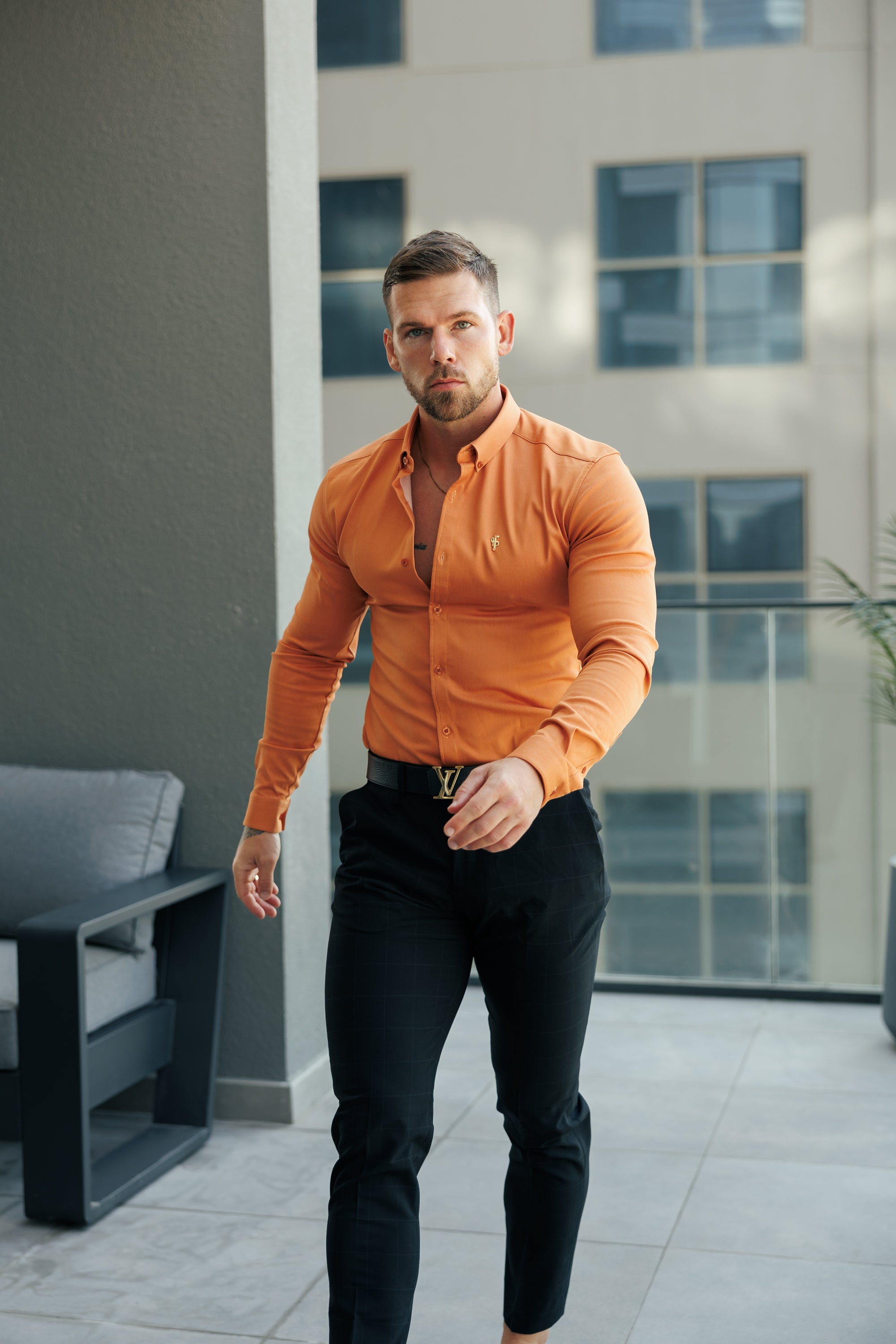 Super Slim Stretch Orange Denim Long Sleeve with Button Down Collar - FS1136