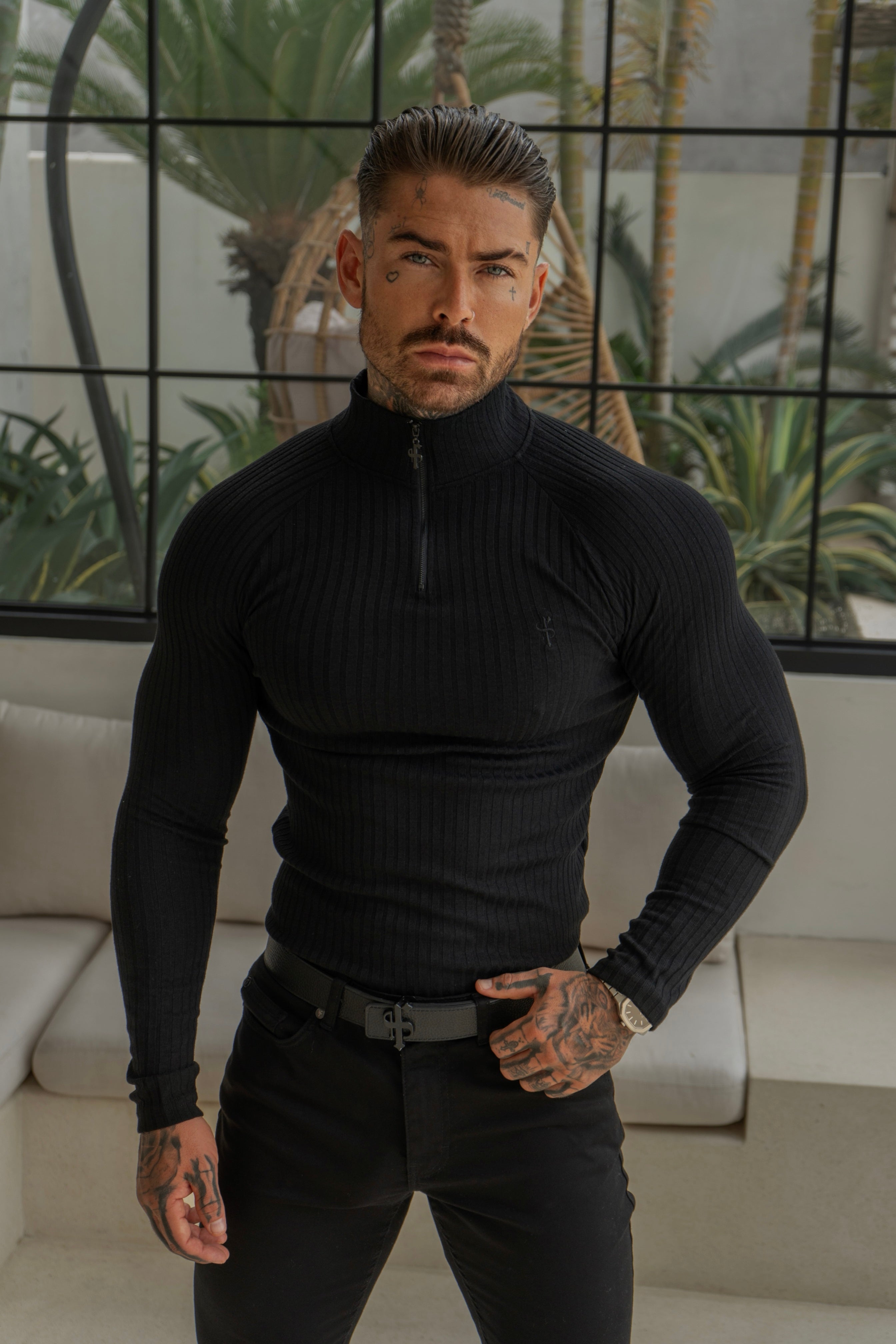 Super Slim Black Ribbed Zip Funnel Neck Raglan Long Sleeve Crew - FSH1265