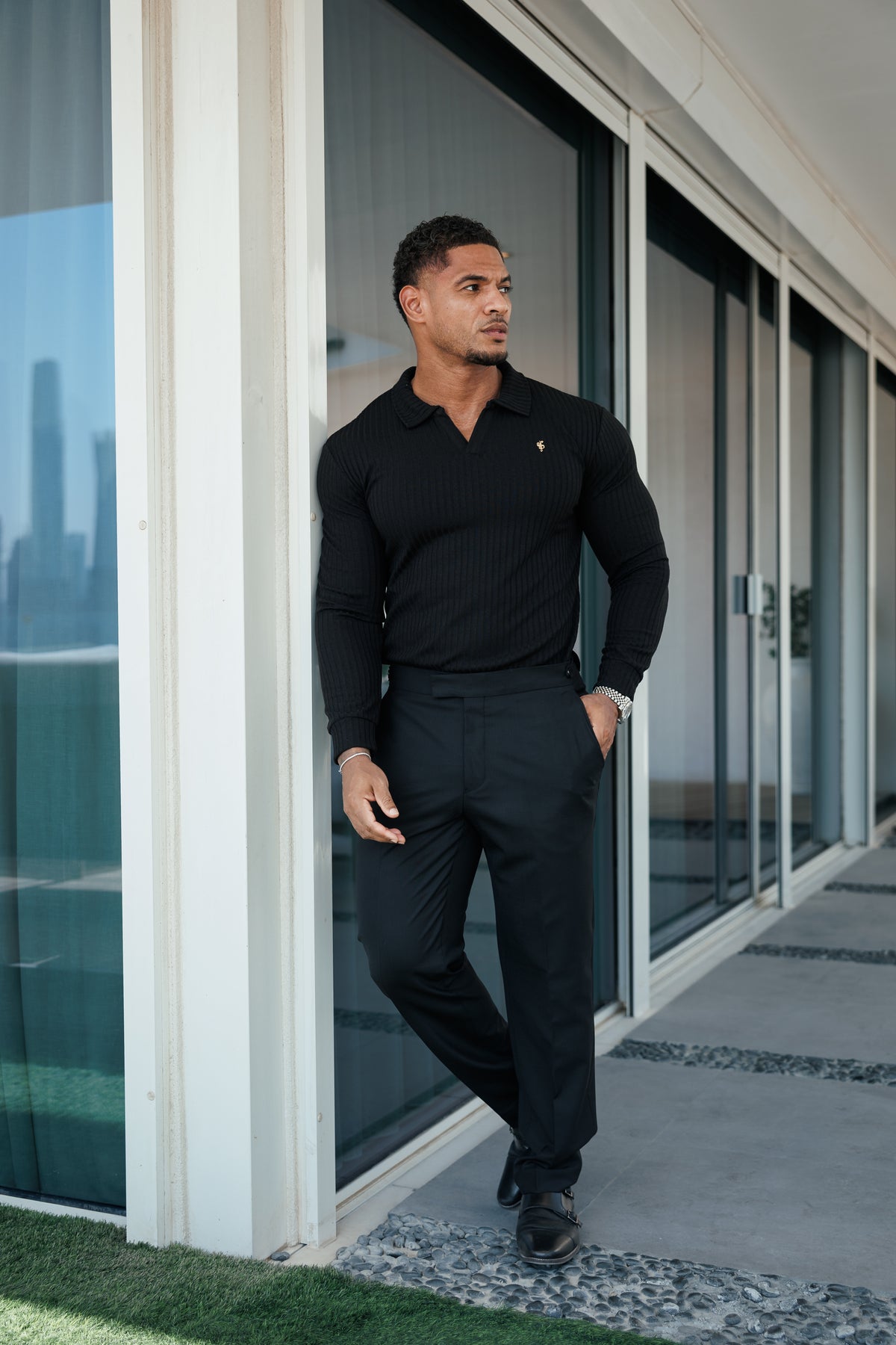 Black / Gold Metal Emblem Ribbed Revere Polo Shirt Long Sleeve - FSH1429