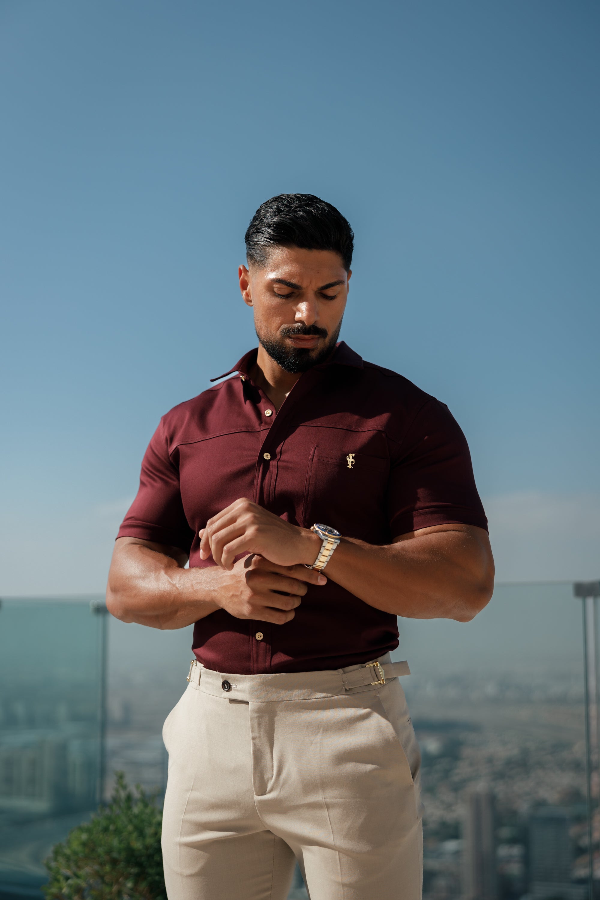 Super Slim Stretch Burgundy Denim Short Sleeve with Horizontal Seam and Pocket- FS961