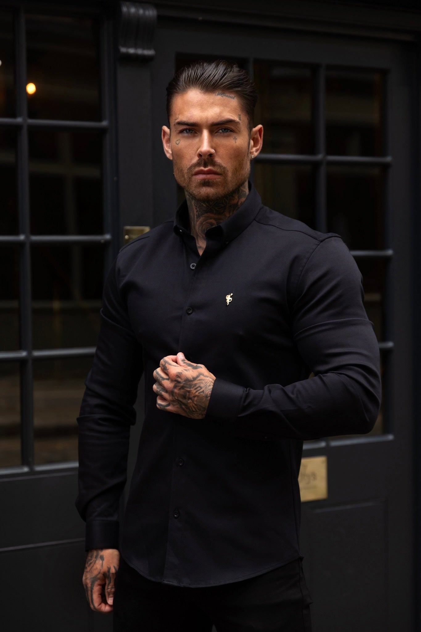 Super Slim Stretch Black Denim Long Sleeve with Gold Metal Decal and Button Down Collar - FS1040