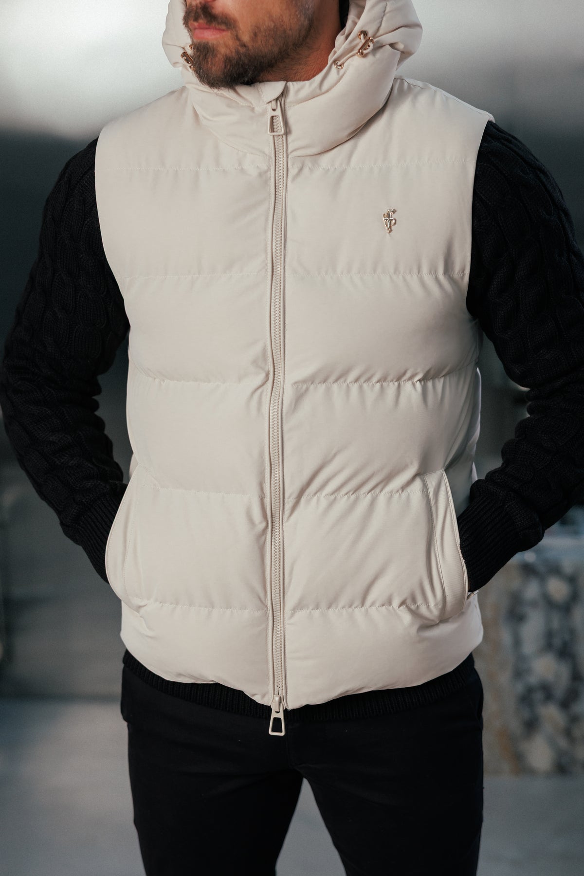 Light Beige Padded Hooded Gilet - FSN243