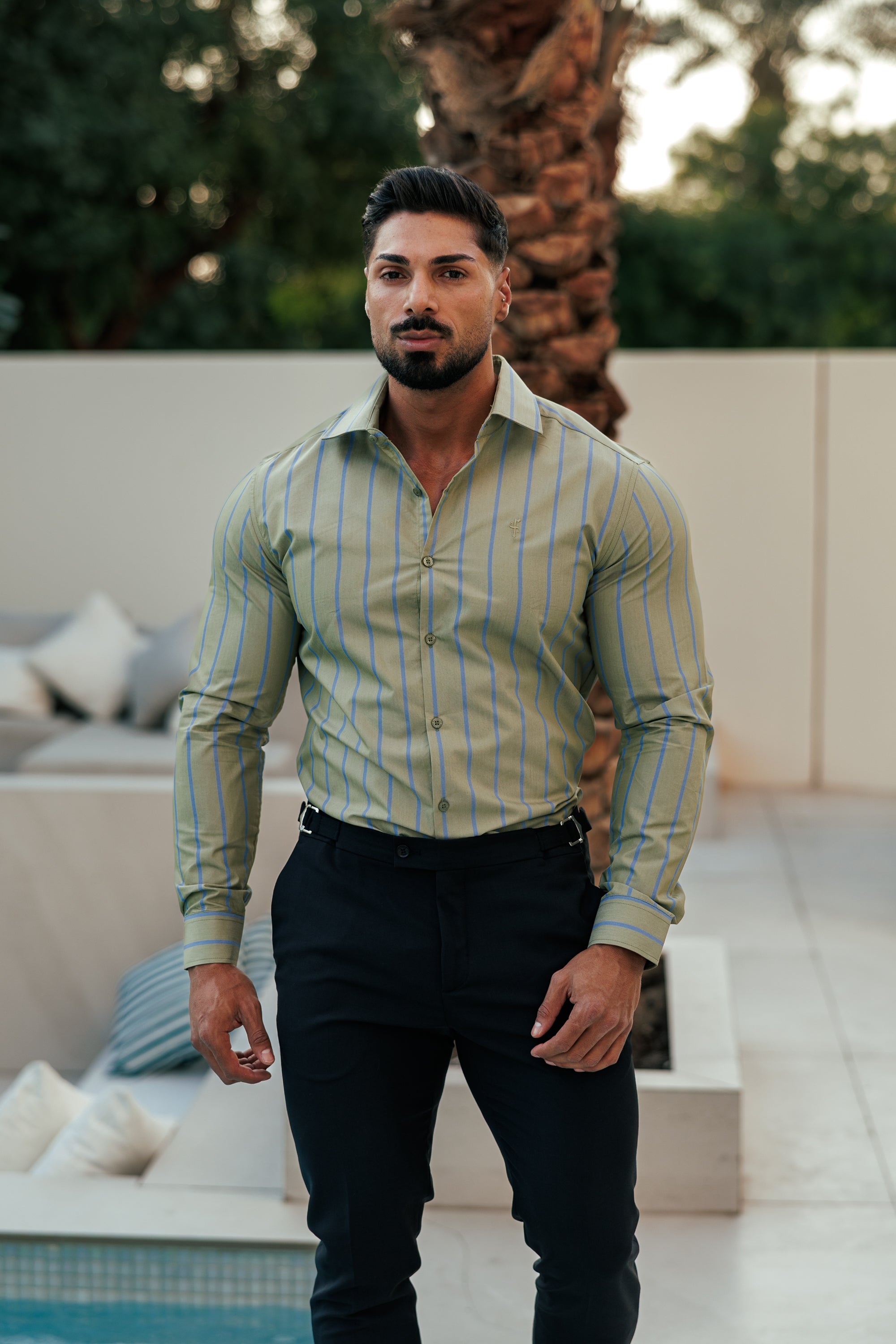 Classic Green / Blue Stripe Long Sleeve with Cutaway Collar - FS1179