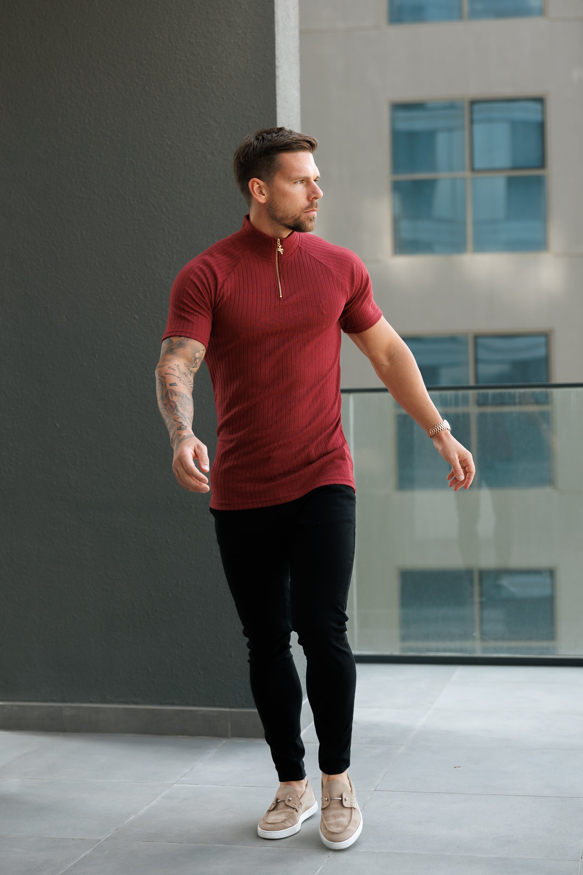 Classic Burgundy Ribbed Zip Funnel Neck Raglan Short Sleeve Crew - FSH1293