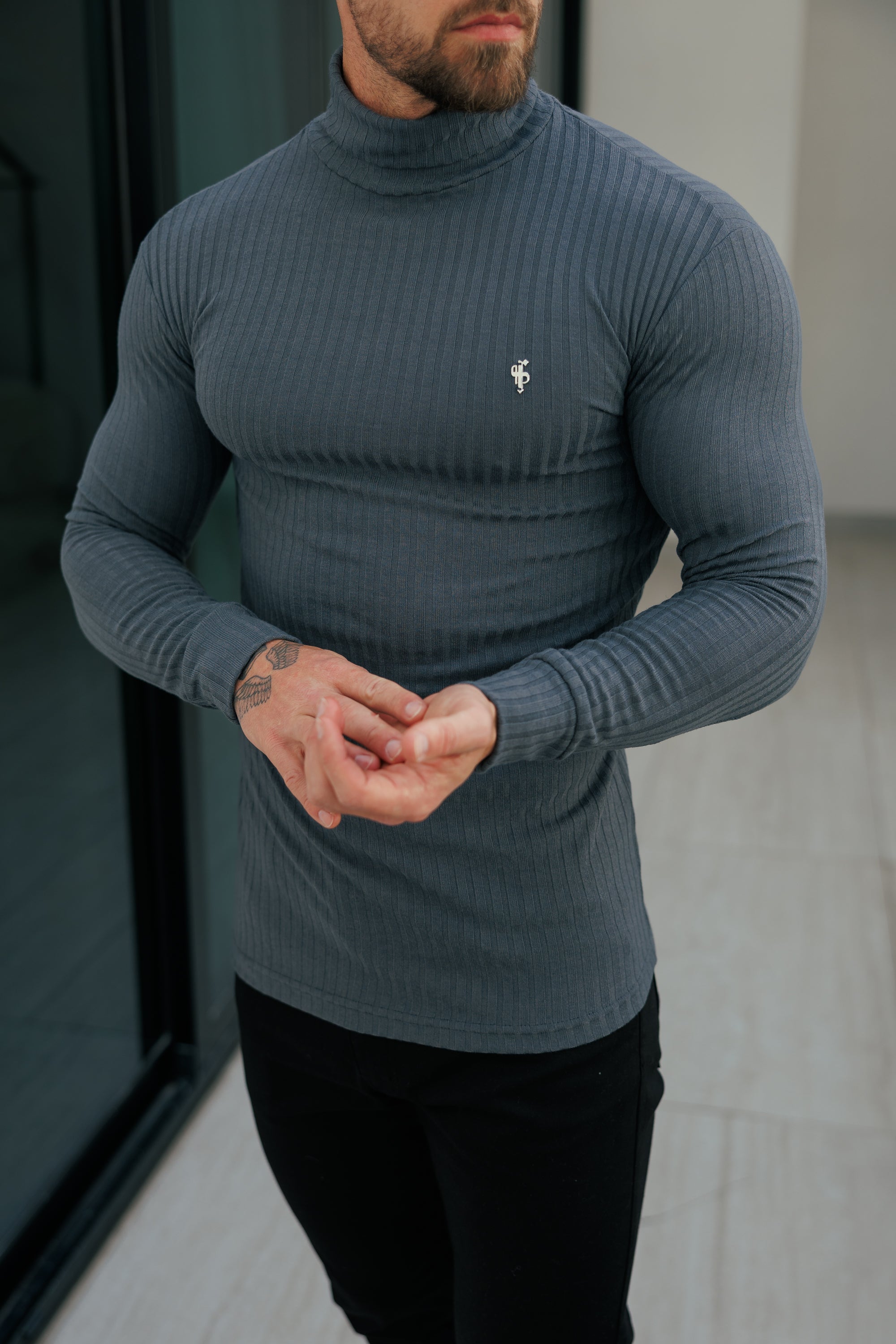 Father Sons Classic Charcoal / Silver Ribbed Knit Roll-neck Sweater - FSH955