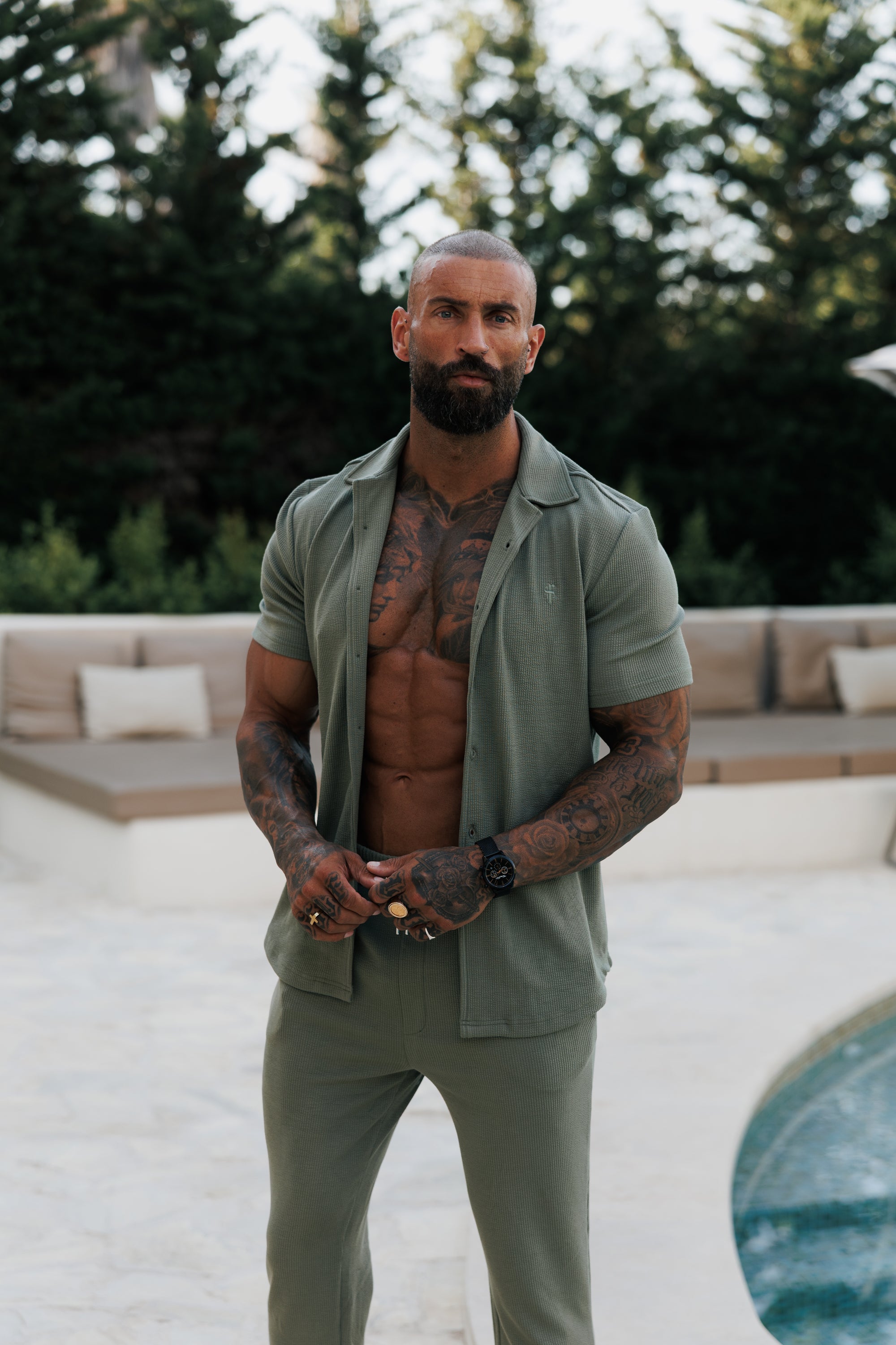 Jersey Cord Stretch Olive Revere Shirt Short Sleeve - FSR072