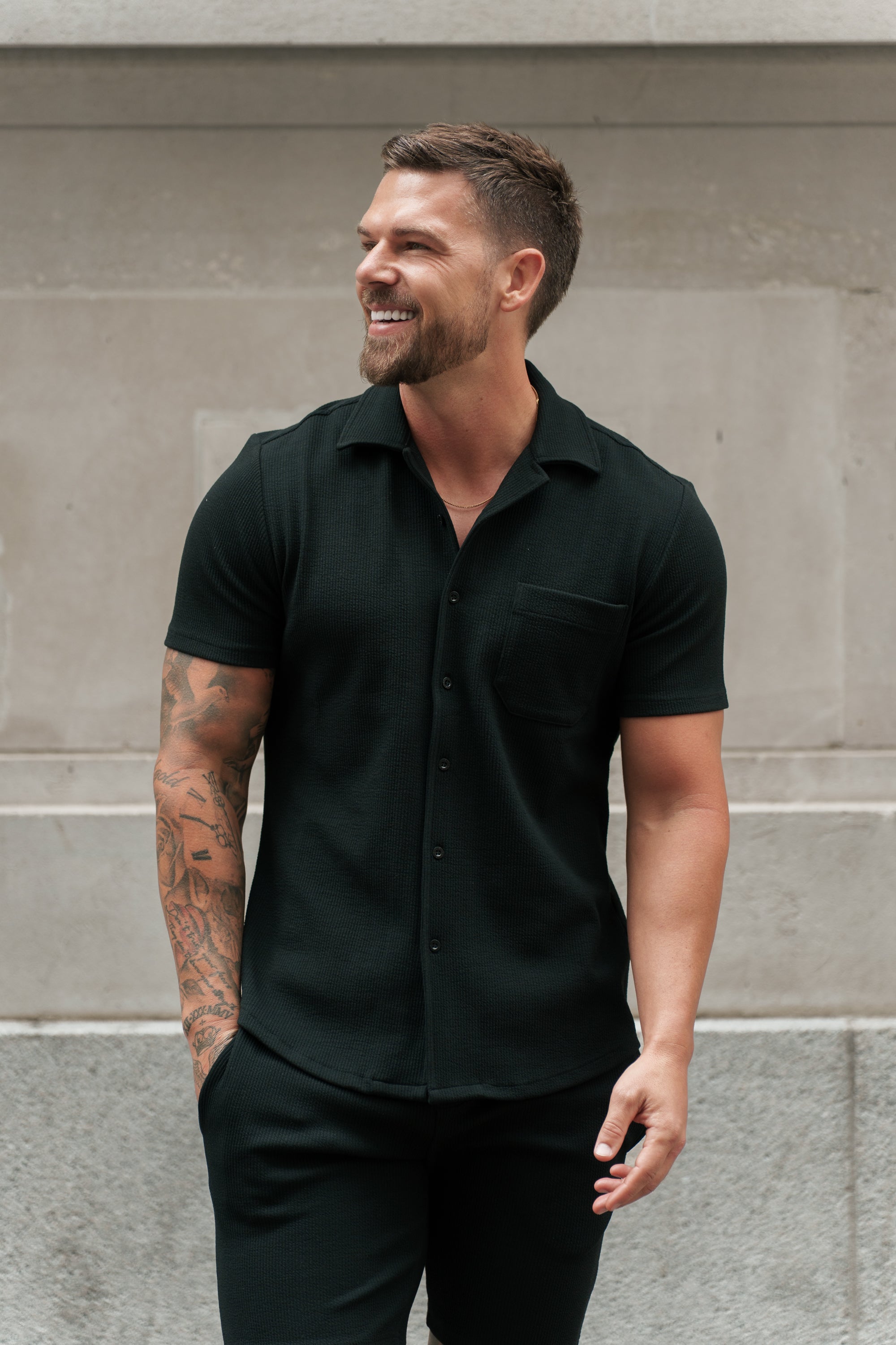 Jersey Cord Stretch Black Revere Shirt Short Sleeve - FSR018