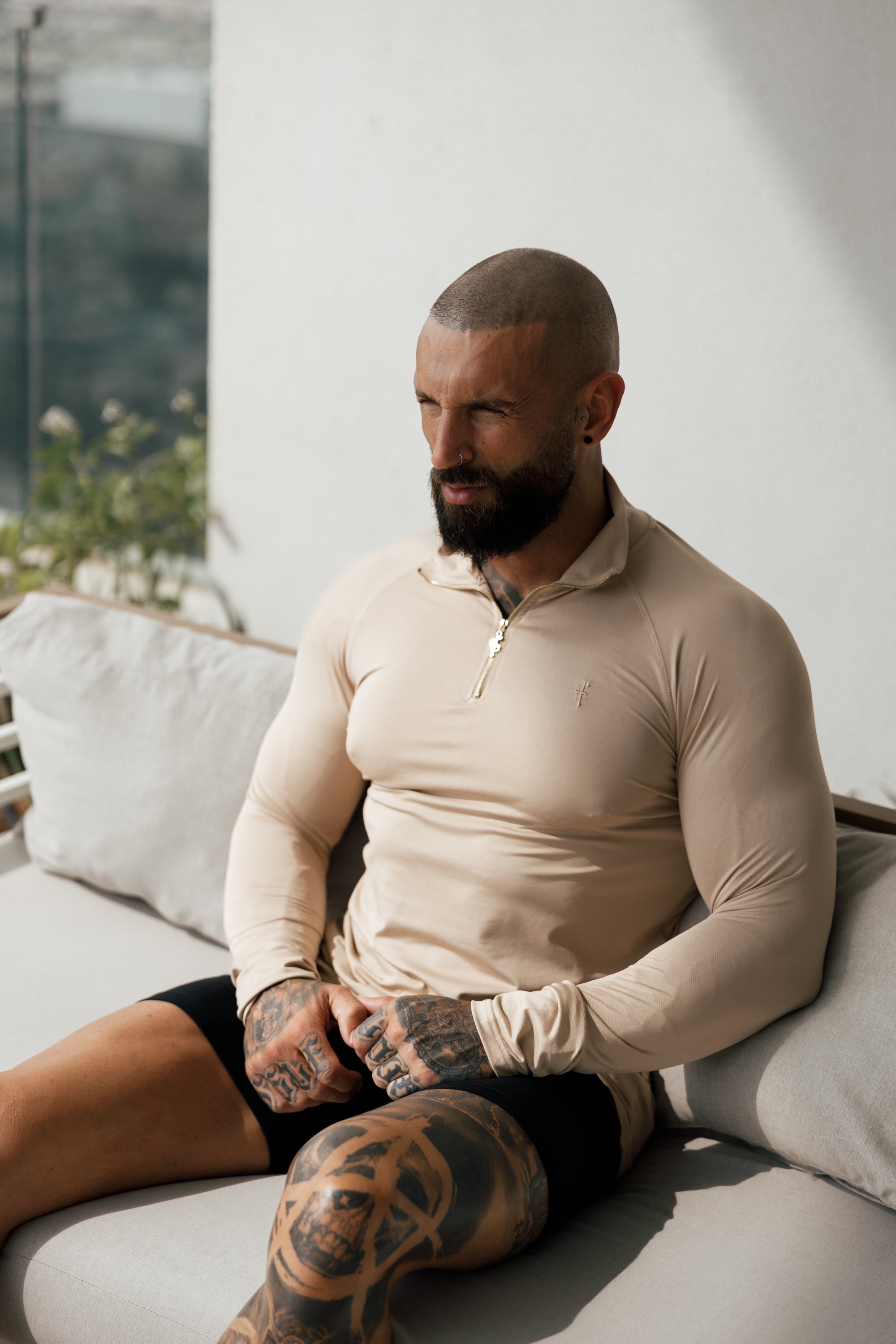 Long Sleeve Beige / Gold Half Zip Gym Top - FSH892