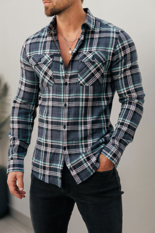 Father Sons Navy / Green / Pink Check Shacket With Double Pockets - FS1195