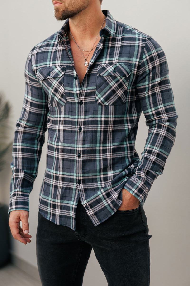 Father Sons Navy / Green / Pink Check Shacket With Double Pockets - FS1195