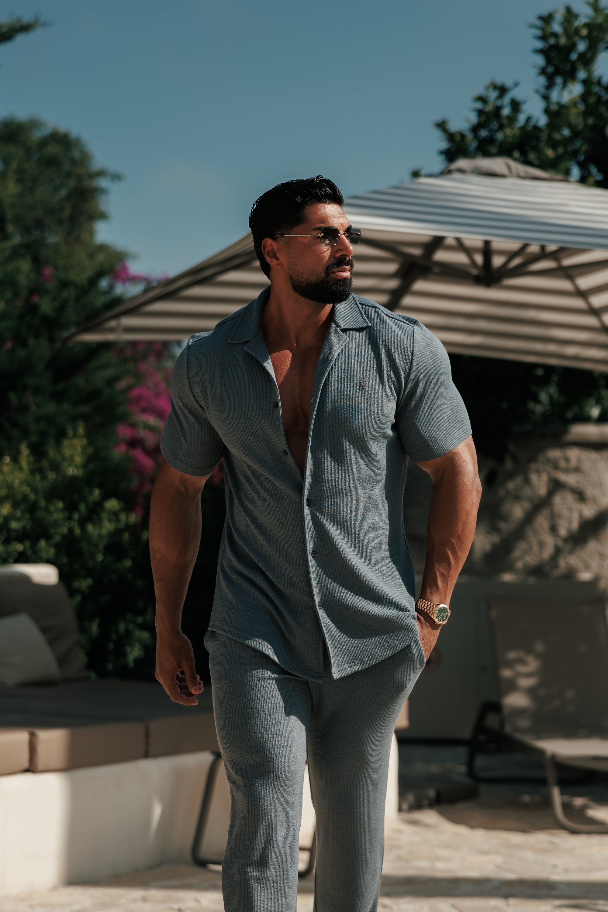Jersey Cord Stretch Gunmetal Revere Shirt Short Sleeve - FSR076 (PRE ORDER 27TH JULY)