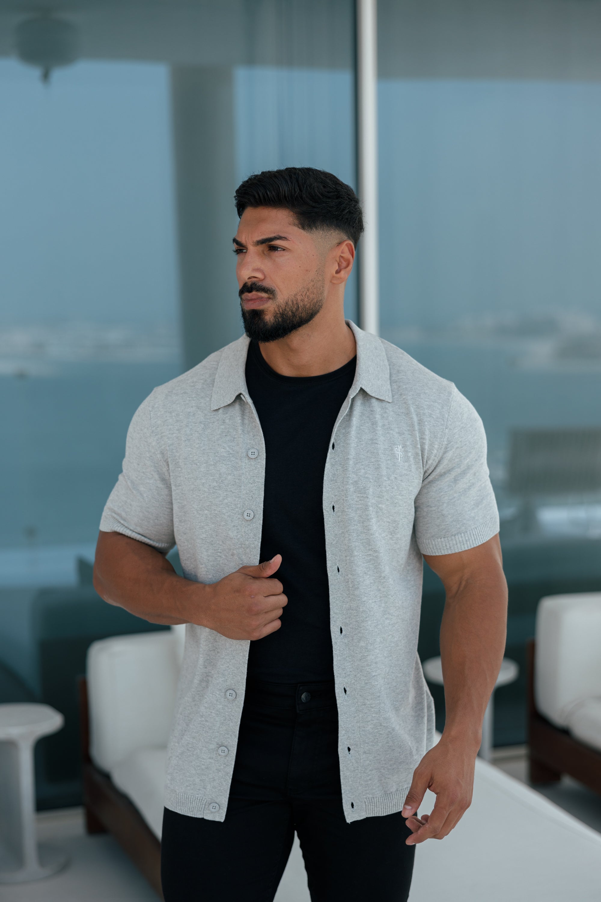 Classic Plain Light Grey Knitted Button Through Polo Short Sleeve - FSN102