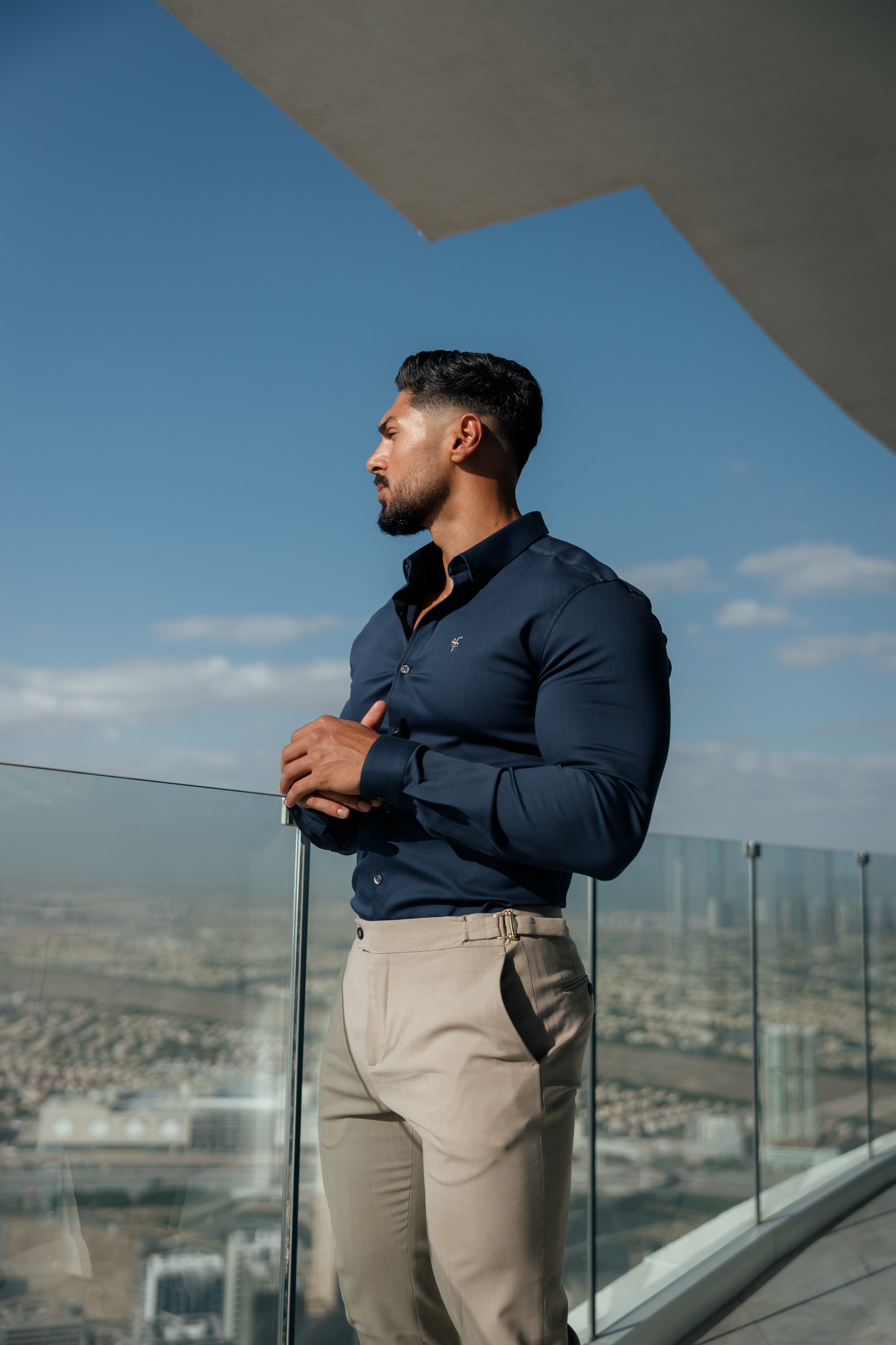 Super Slim Stretch New Navy Denim Long Sleeve With Button Down Collar - FS1018