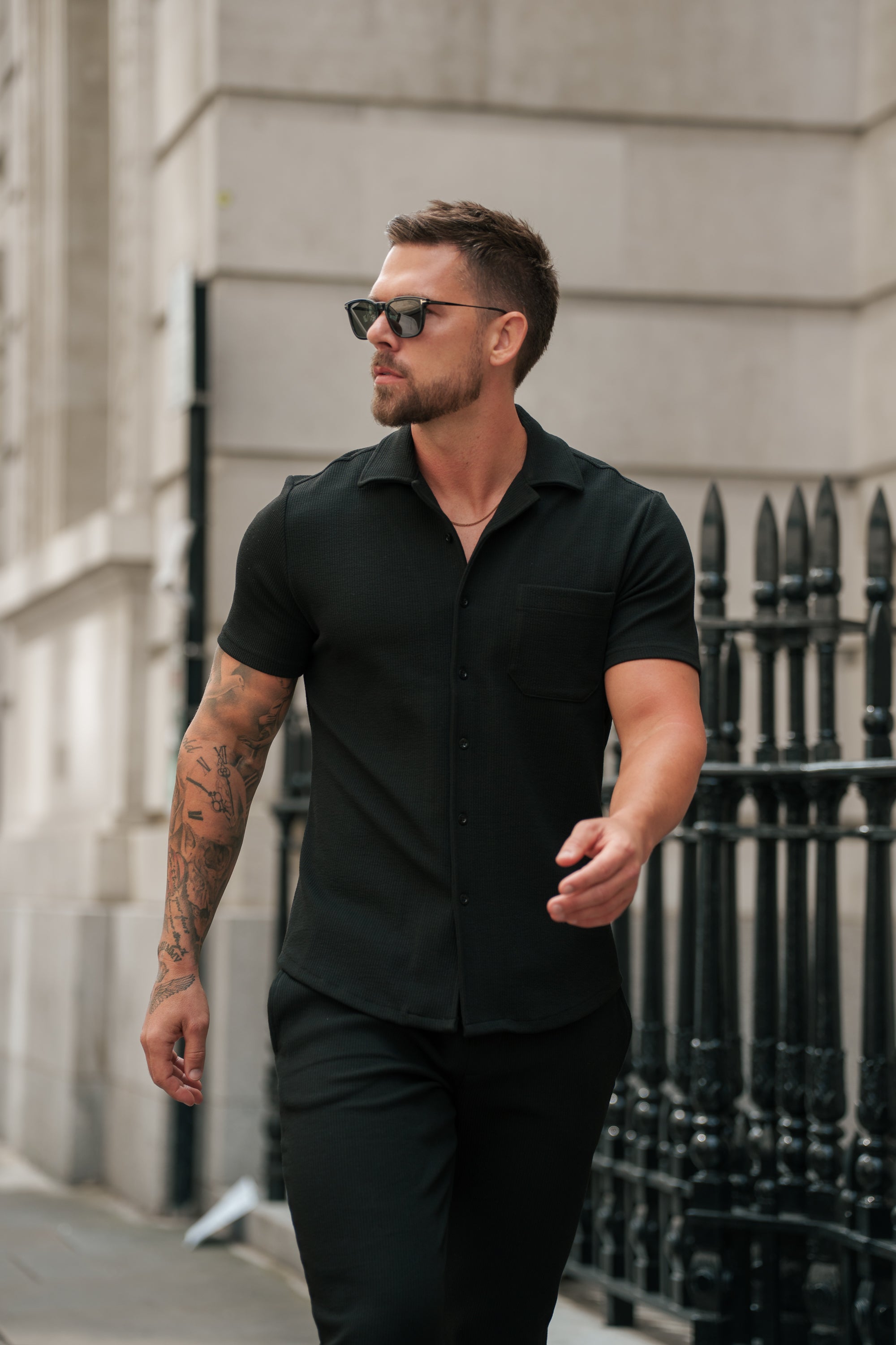 Jersey Cord Stretch Black Revere Shirt Short Sleeve - FSR018