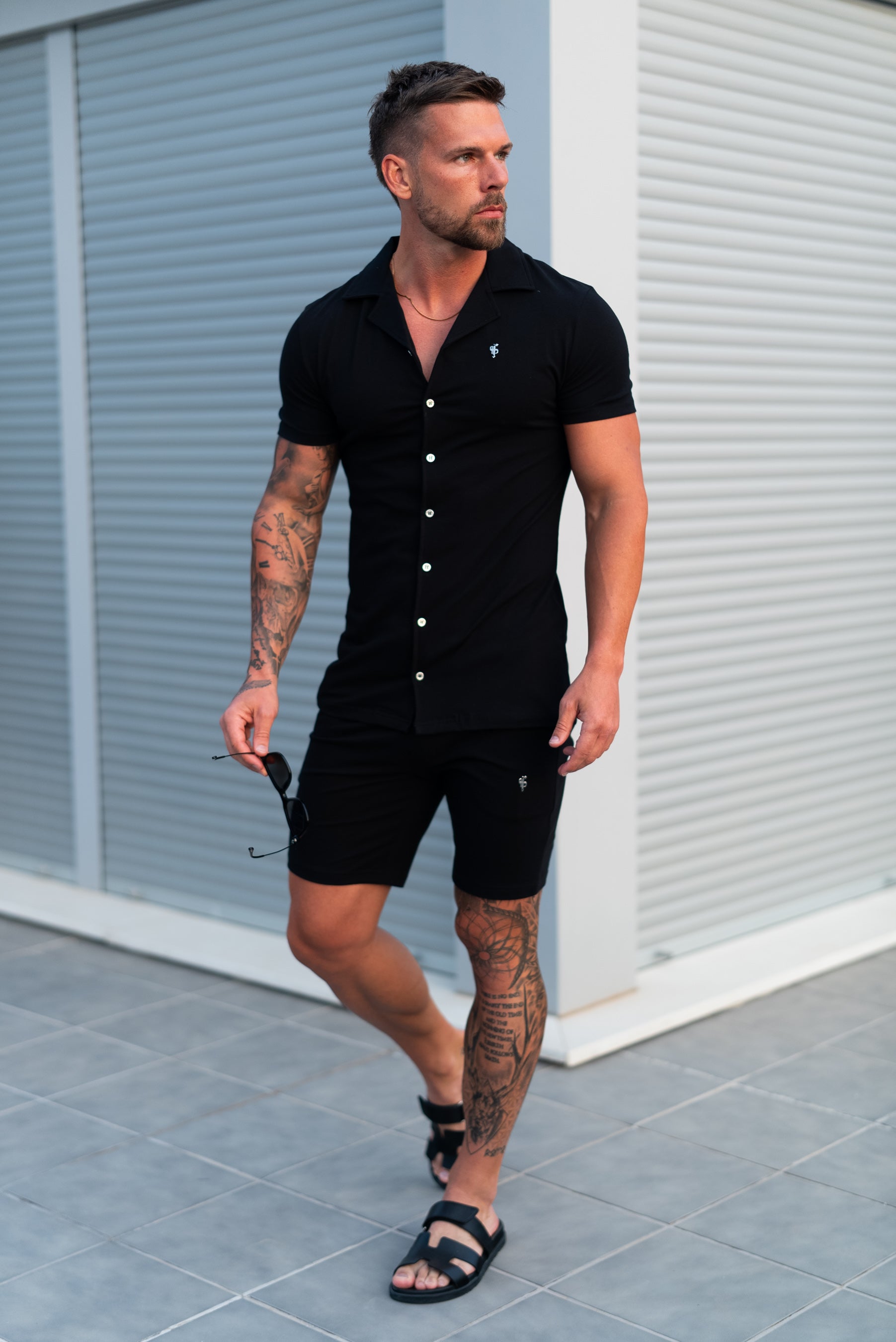 Stretch Black / Silver Pique Revere Shirt Short Sleeve - FSH1355