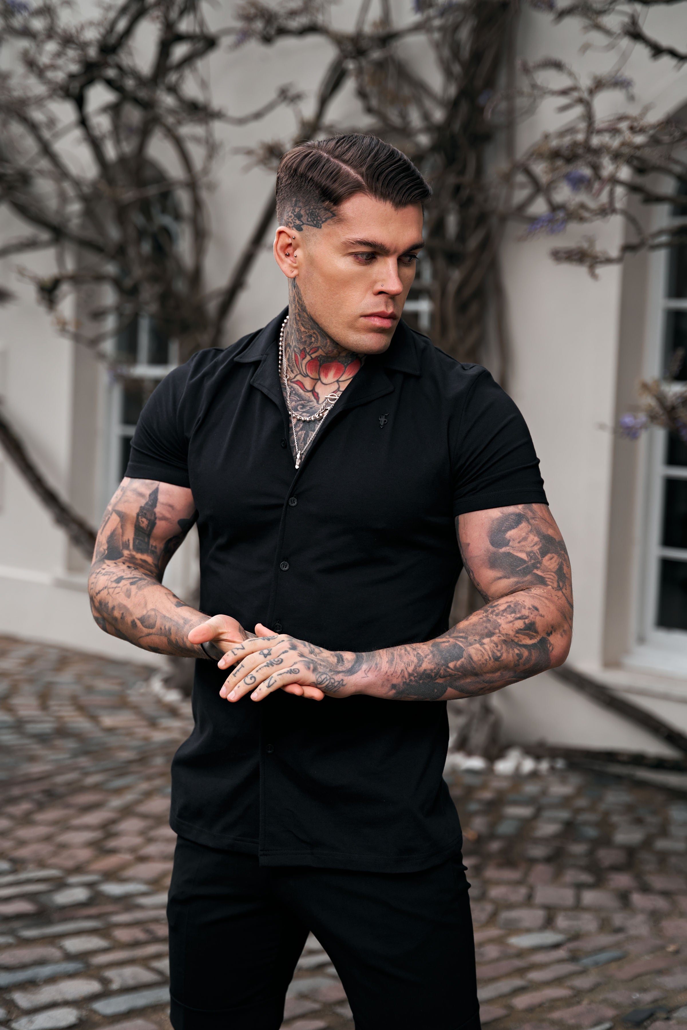 Stretch Black Pique Revere Shirt Short Sleeve - FSH1067