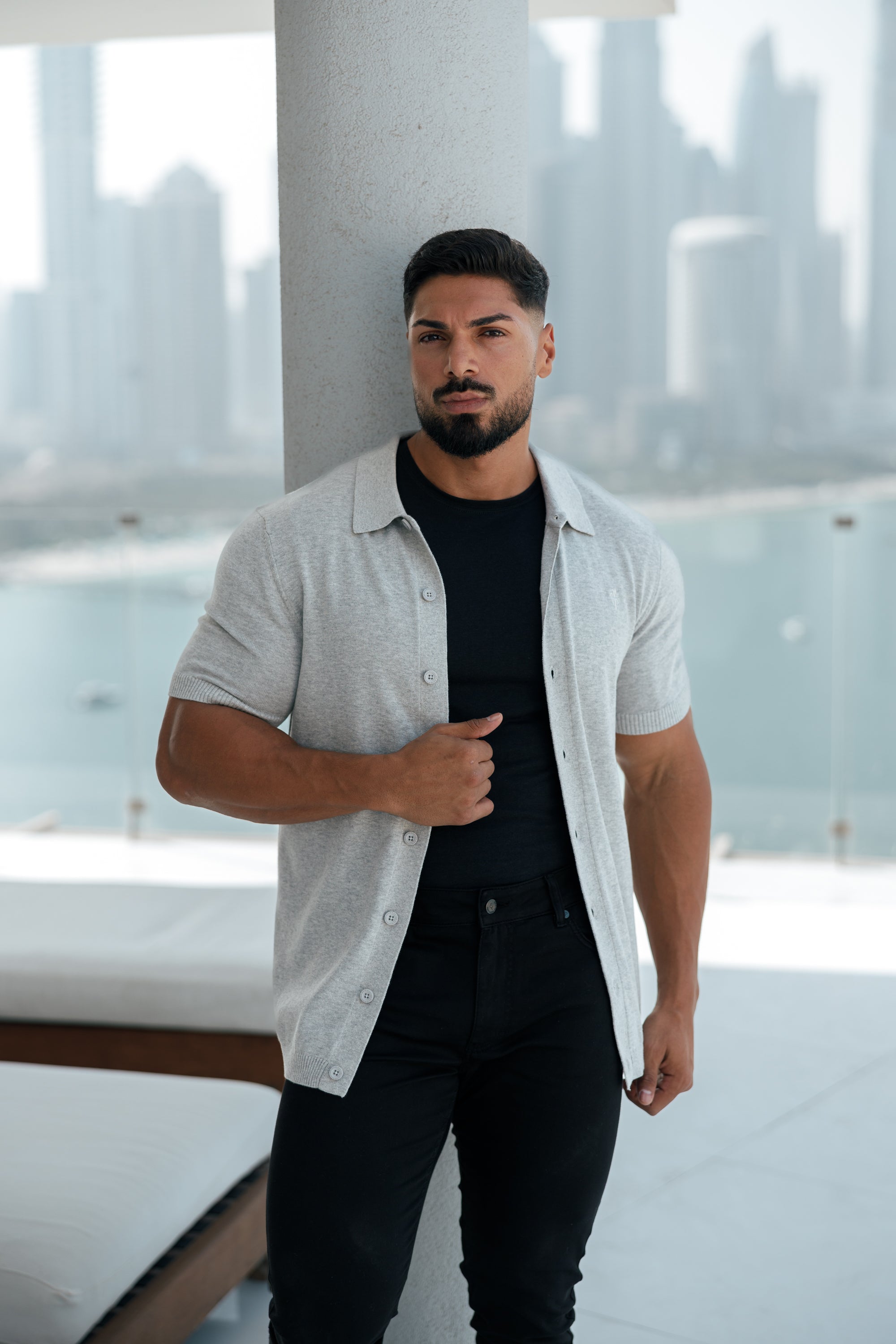 Classic Plain Light Grey Knitted Button Through Polo Short Sleeve - FSN102