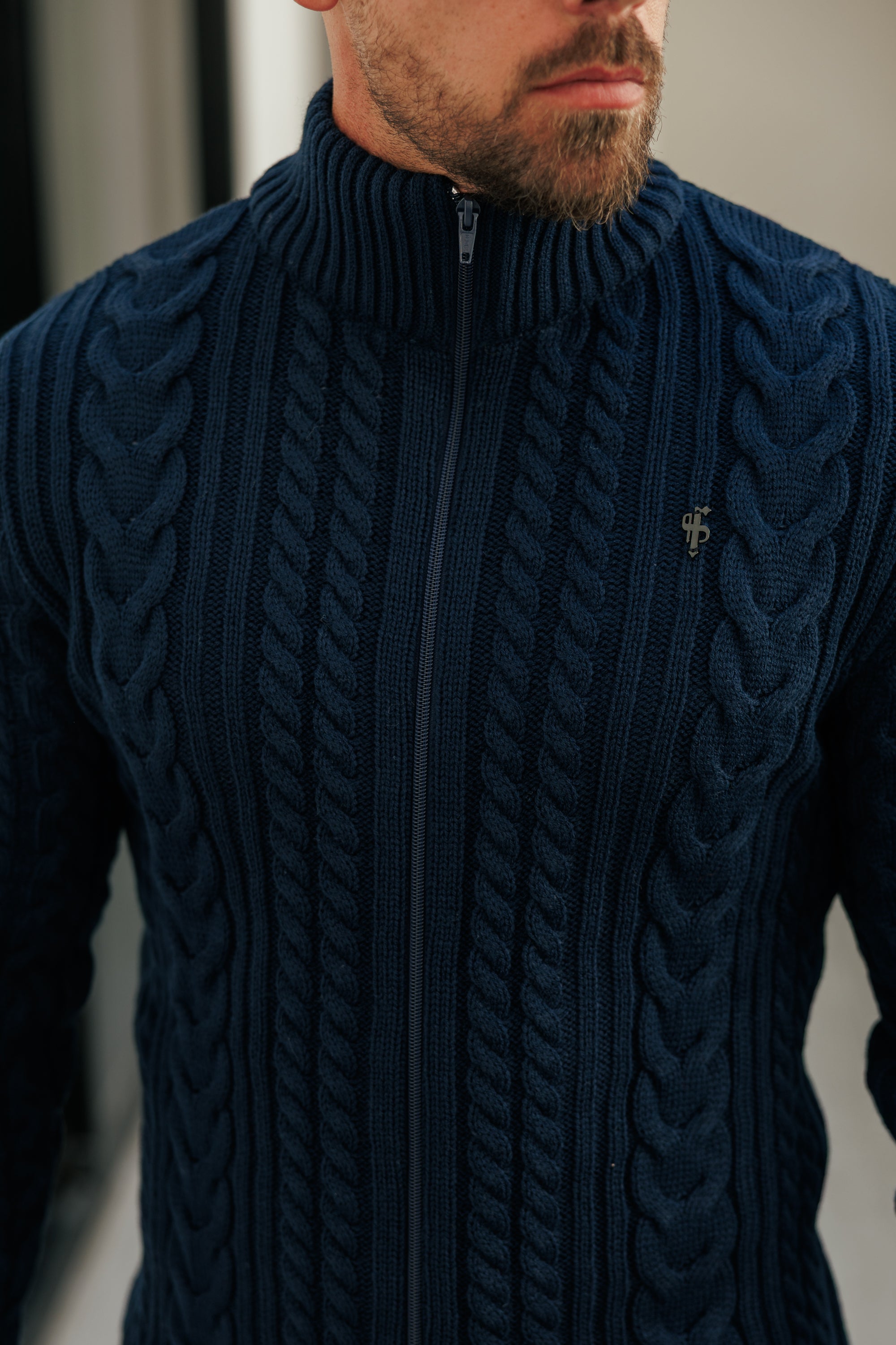 Funnel Neck Full Zip Cardigan Dark Navy -  FSJ146