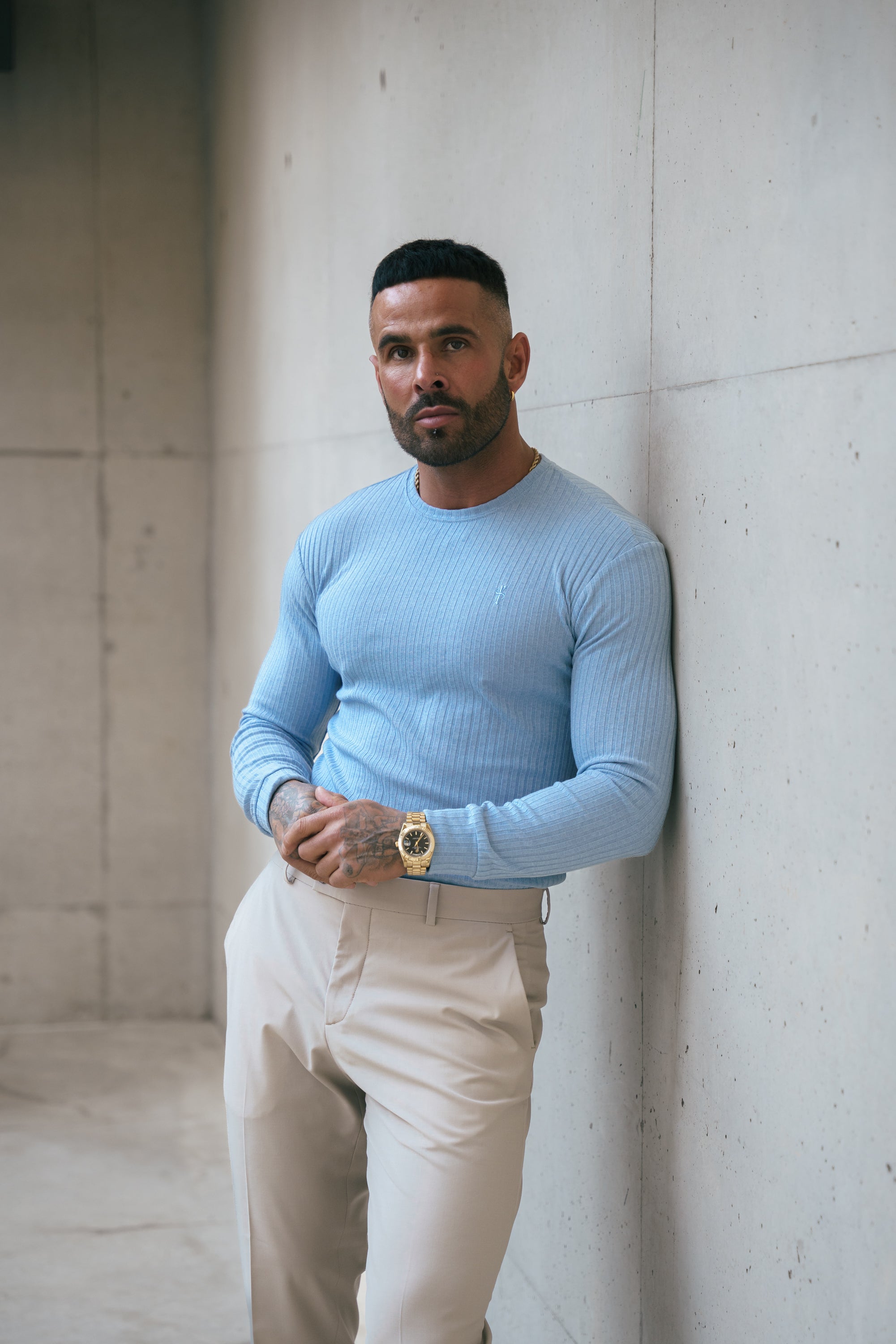 Father Sons Classic Light Blue Ribbed Knit Jumper With Tonal Embroidery -  FSH1286