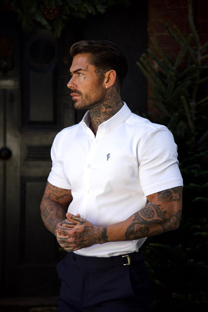 Super Slim Stretch White Denim Short Sleeve with Metal Decal Emblem - FS627