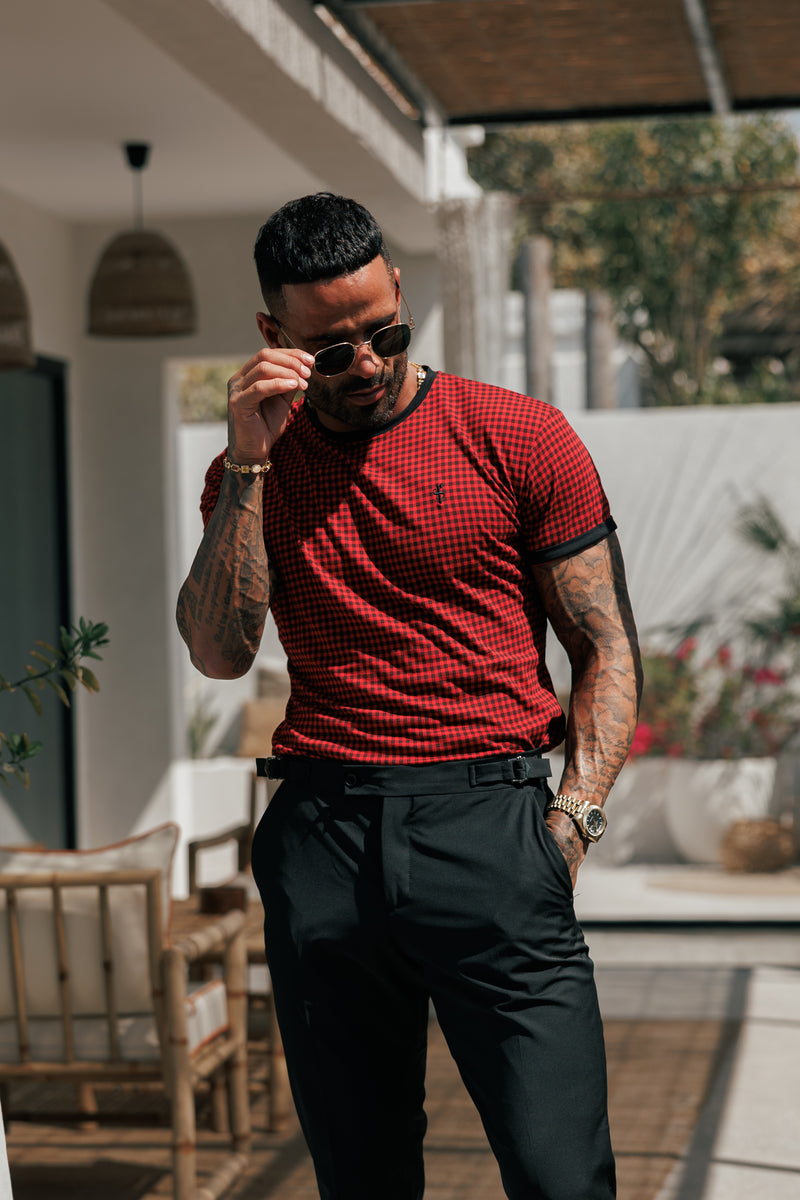 Father Sons Printed Black / Red Check Fitted T Shirt - FSH1237 (PRE ORDER 16TH MAY)