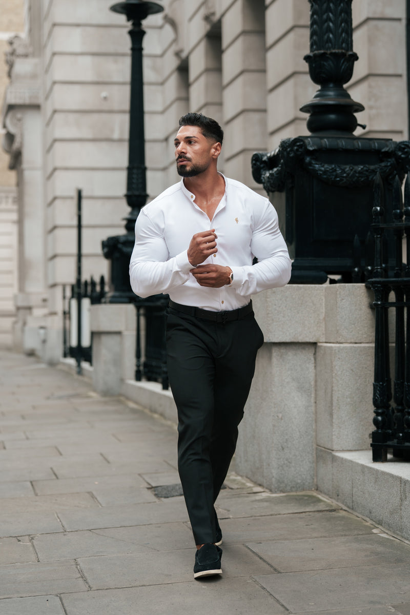 Father Sons Super Slim Scuba White / Gold Long Sleeve Stretch with Grandad Collar - FS1193