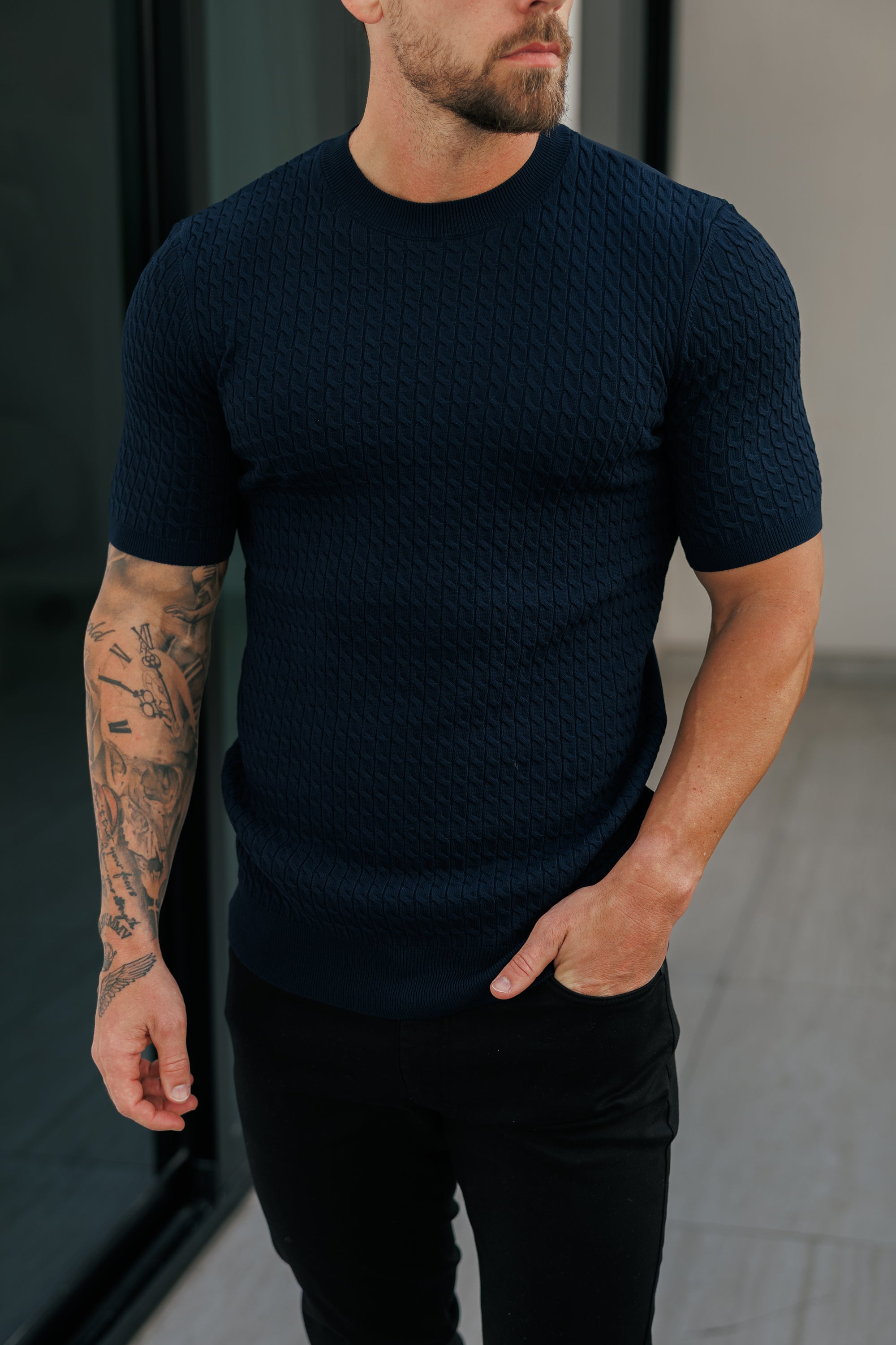 Front Chain Knit Crew Tshirt Navy Short Sleeve  -  FSR054