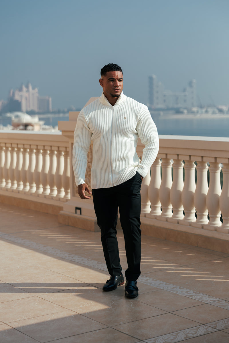 Father Sons Chunky Cream Ribbed Zipped Cardigan with Gold Emblem- FSJ096