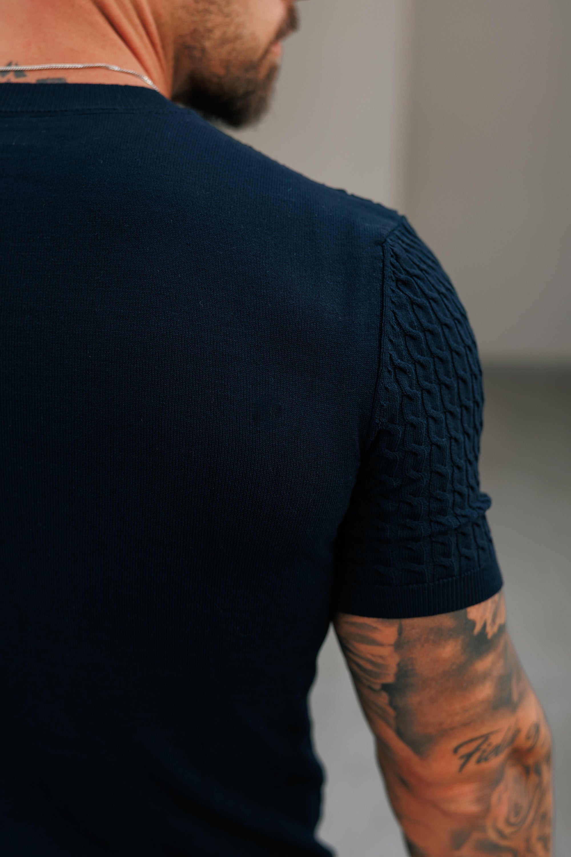 Front Chain Knit Crew Tshirt Navy Short Sleeve  -  FSR054