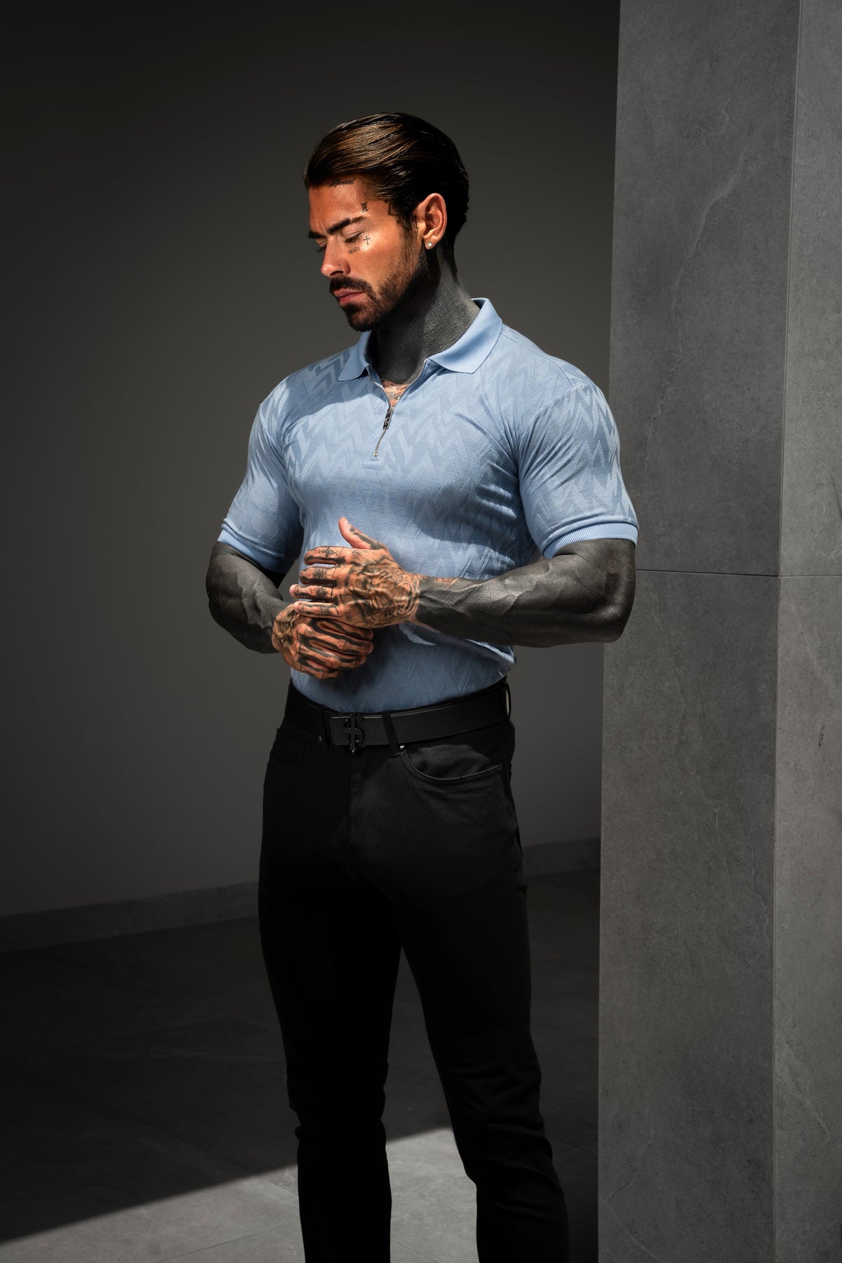 Classic Jacquard Baby Blue Chevron Zipped Polo - FSR061