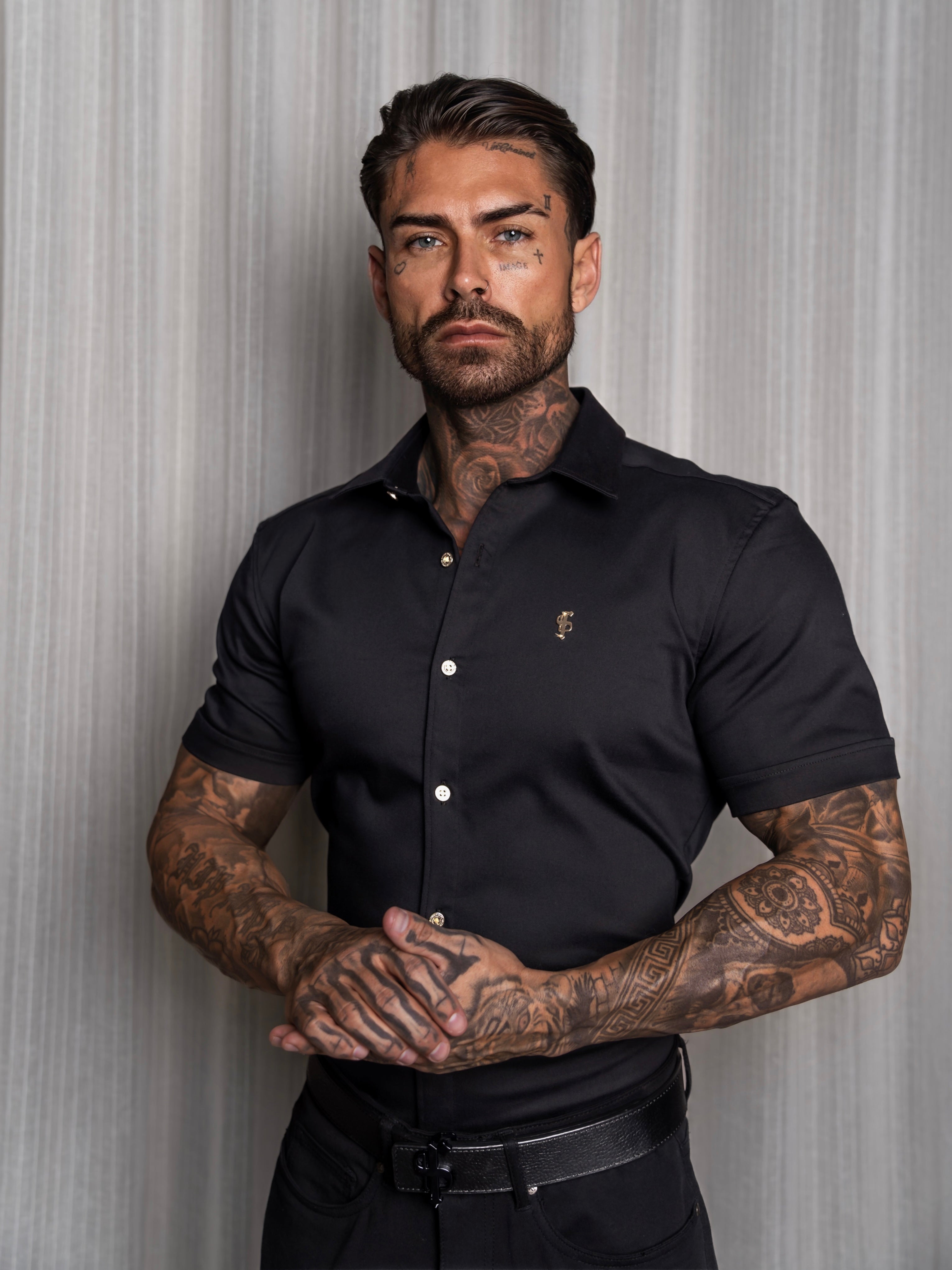 Super Slim Stretch Black Denim Short Sleeve with Gold Metal Decal and Buttons - FS1237