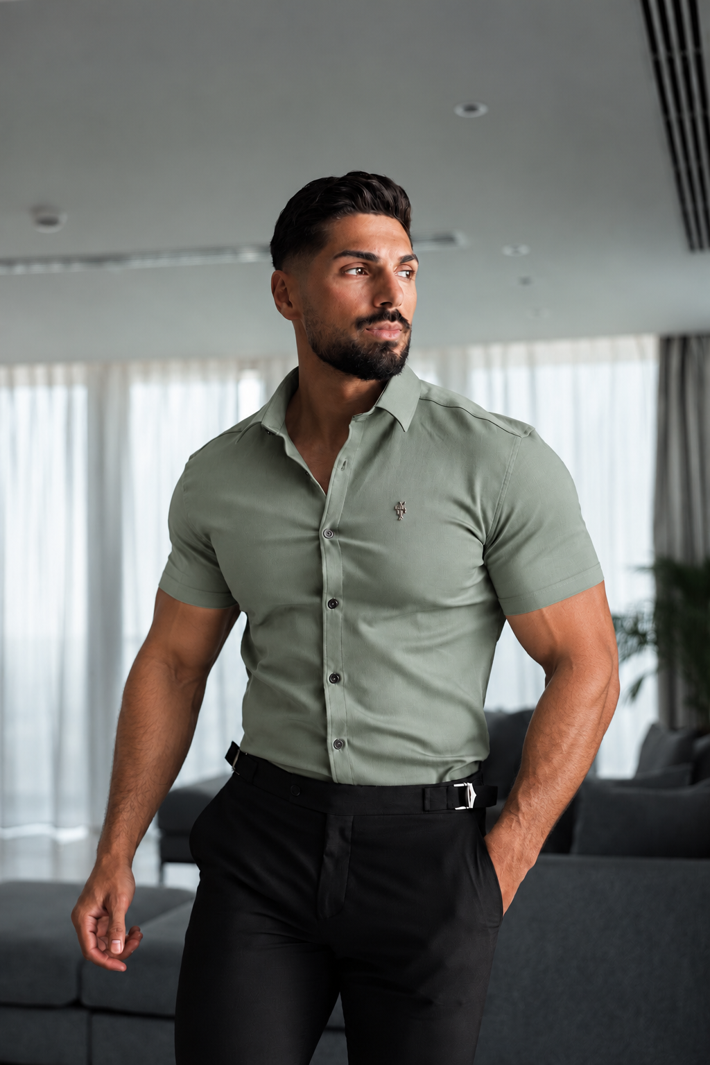 Super Slim Stretch Sage Green Denim Short Sleeve with Silver Metal Decal and Cutaway Collar - FS1326 (PRE ORDER 12TH OCTOBER)