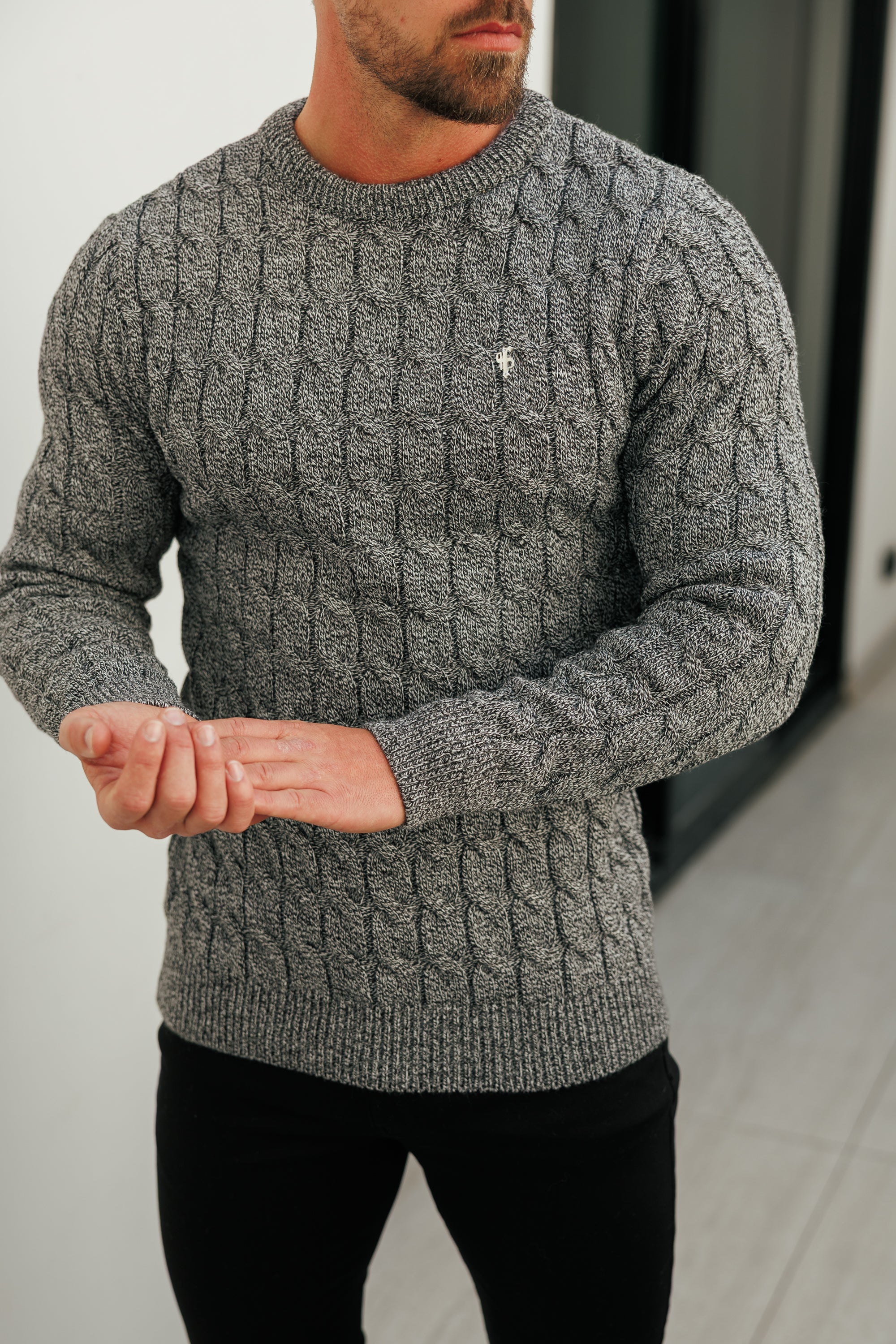 Link Weave Knit Black/ White Two Tone Crew Neck Jumper - FSJ132