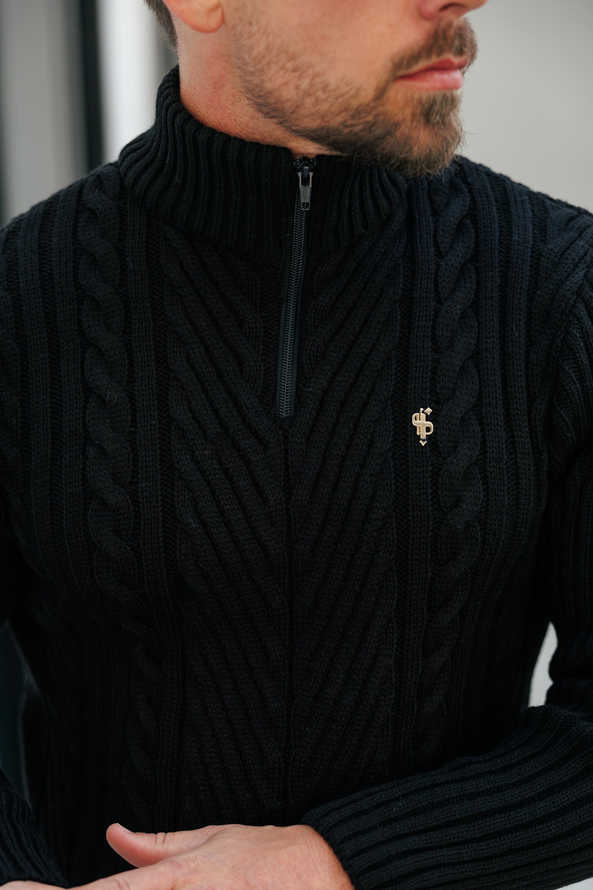Funnel Neck Jumper with Quarter Zip Black -  FSJ155