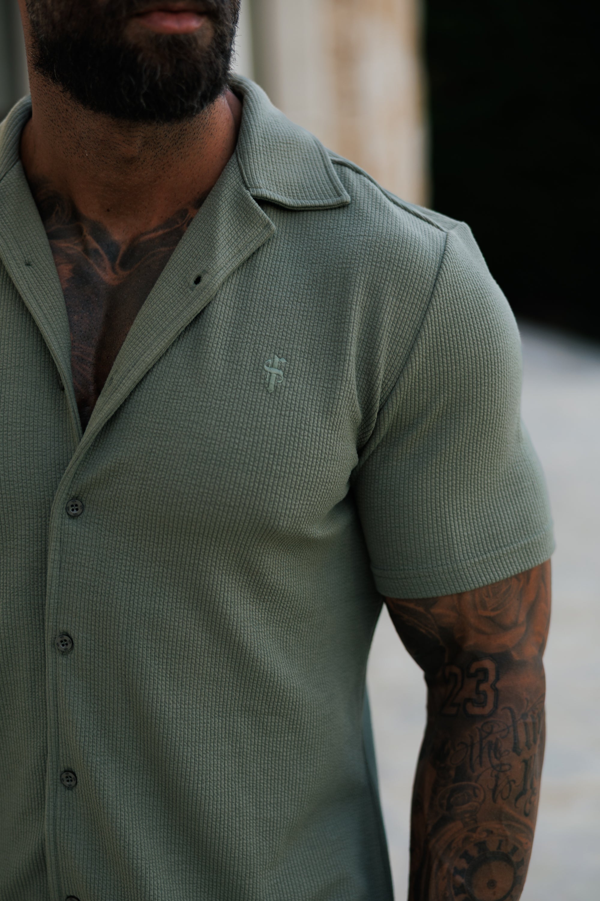 Jersey Cord Stretch Olive Revere Shirt Short Sleeve - FSR072