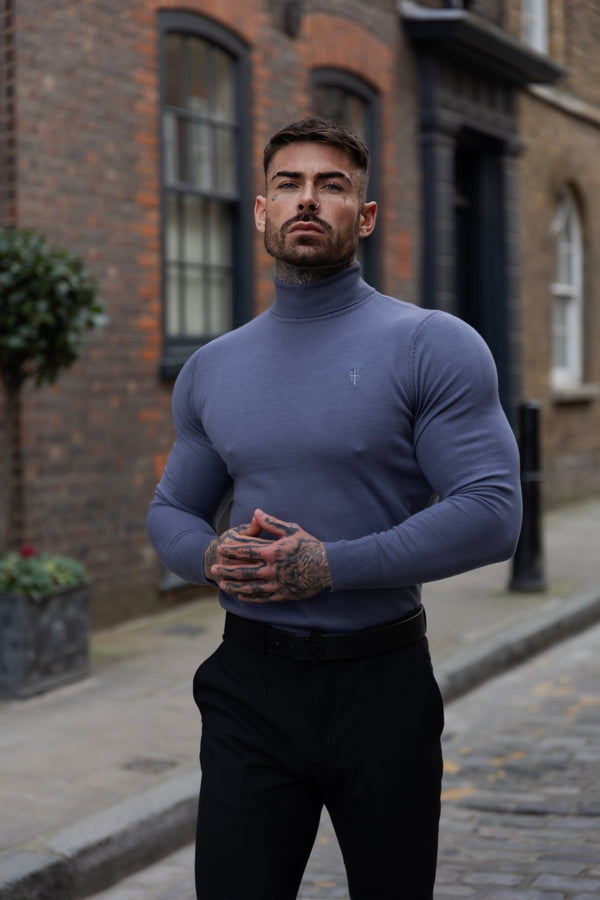 Father Sons Classic Gunmetal Roll Neck Knitted Sweater With Tonal Emblem - FSN137