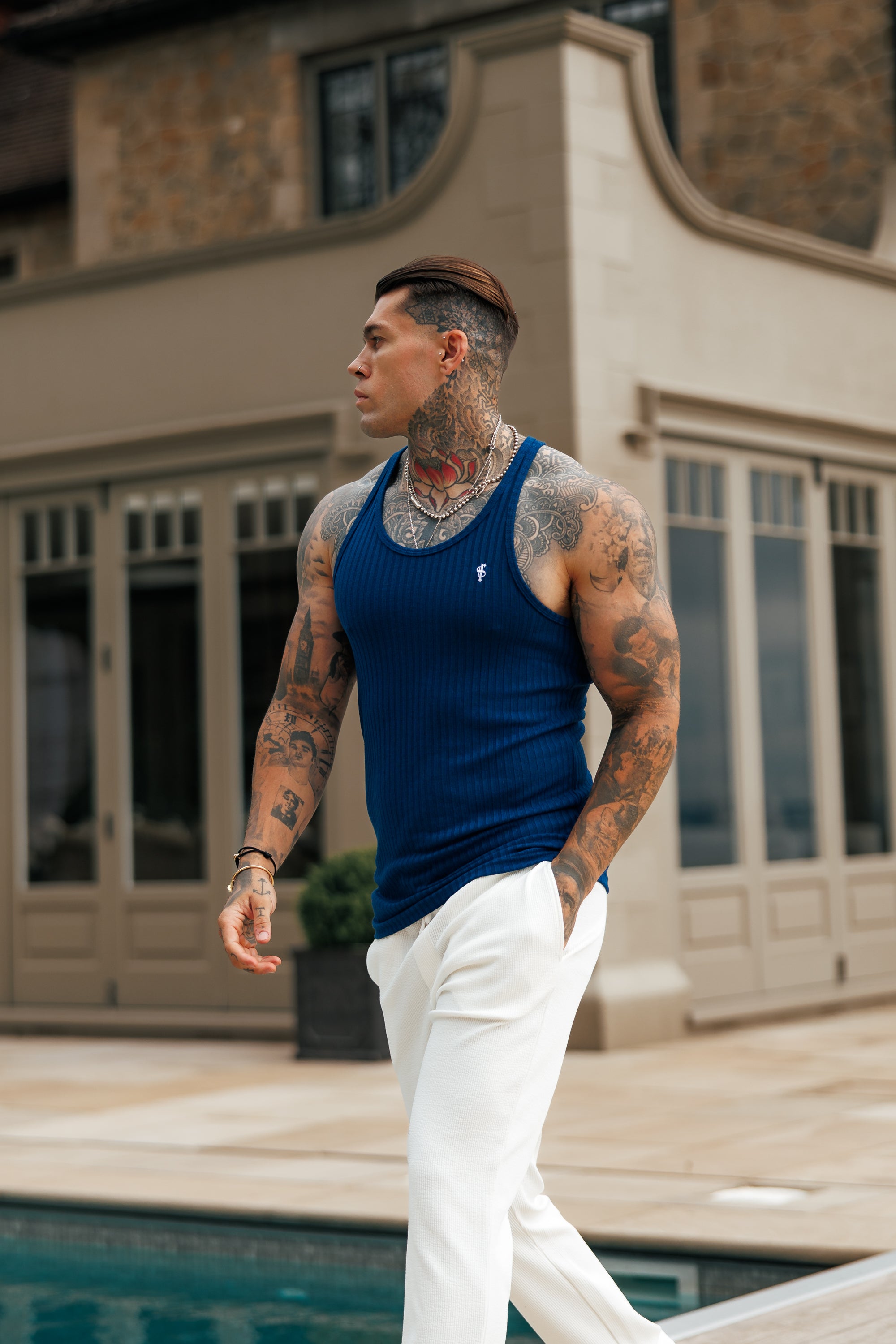 New Navy / White Ribbed Knit Super Slim Vest - FSH1328