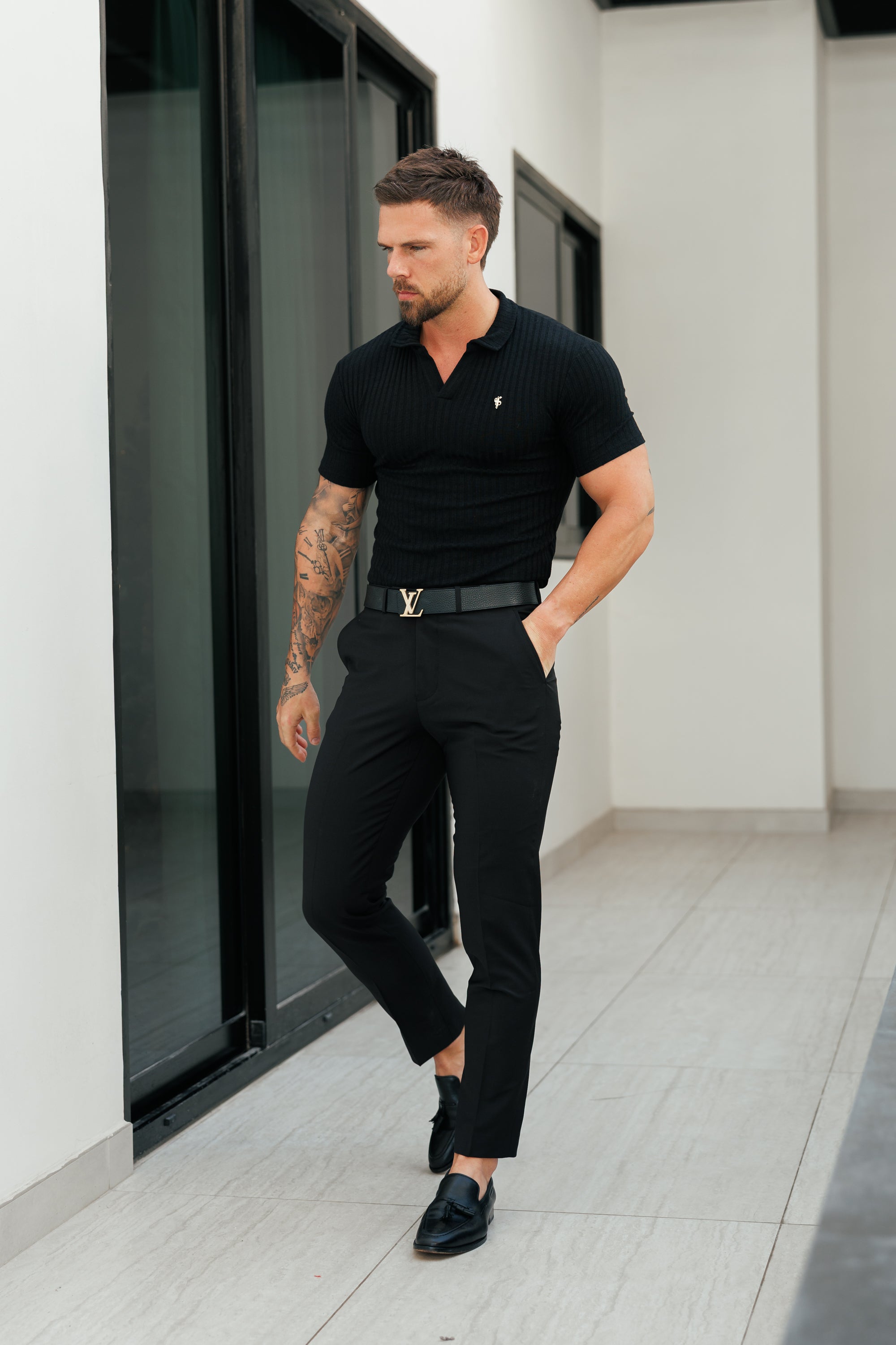 Black / Gold Ribbed Revere Short Sleeve Polo Shirt - FSH1411