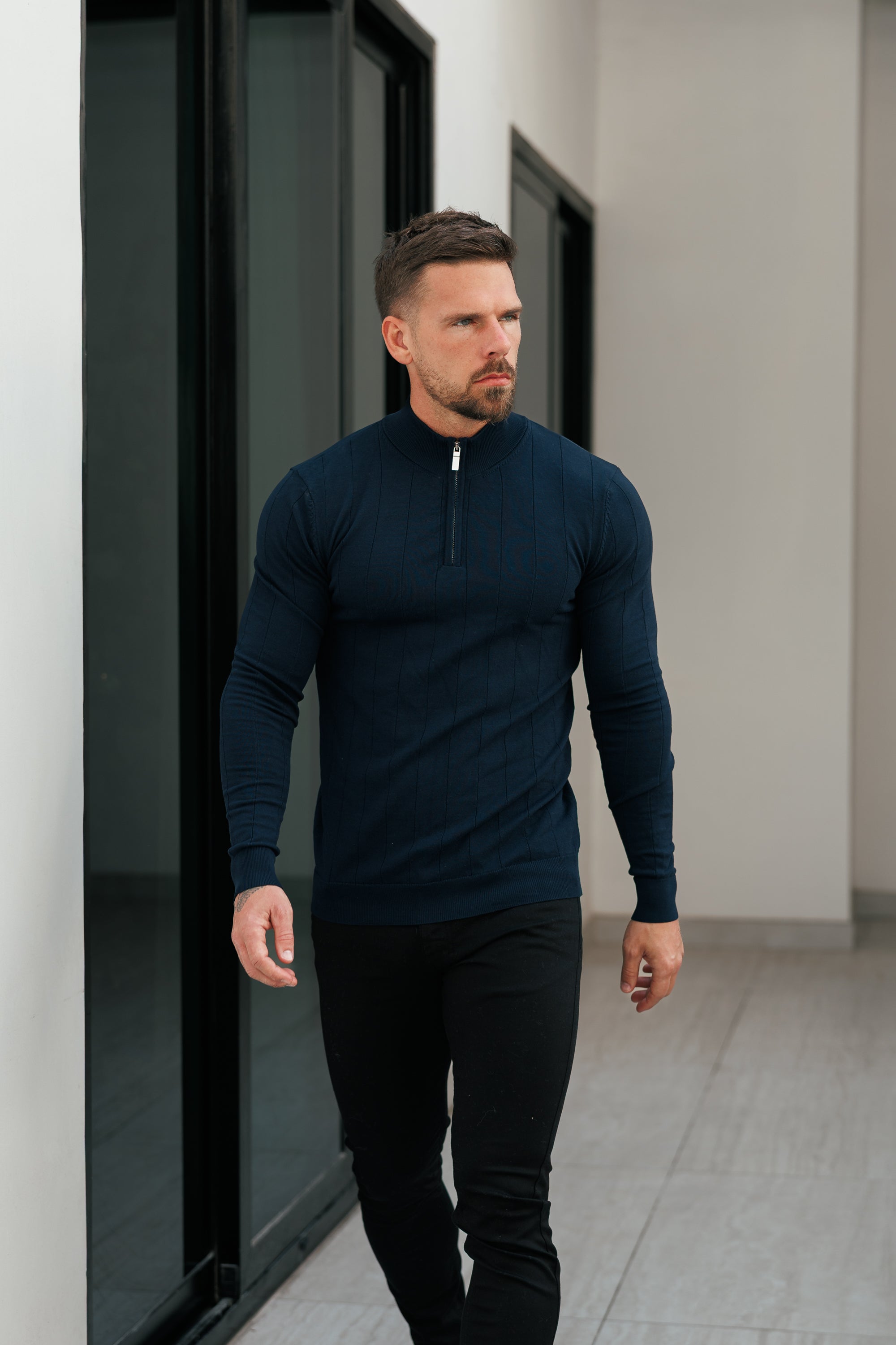 Self Stripe 1/4 Zip Funnel Neck Knit Jumper Navy Long Sleeve  -  FSR049
