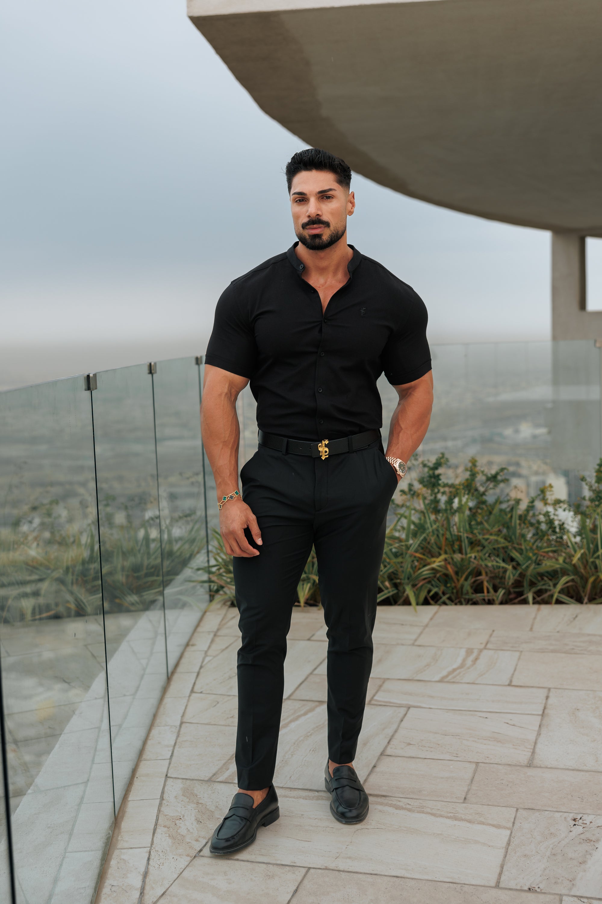 Super Slim Oxford Stretch Classic All Black Grandad Collar Short Sleeve - FS582