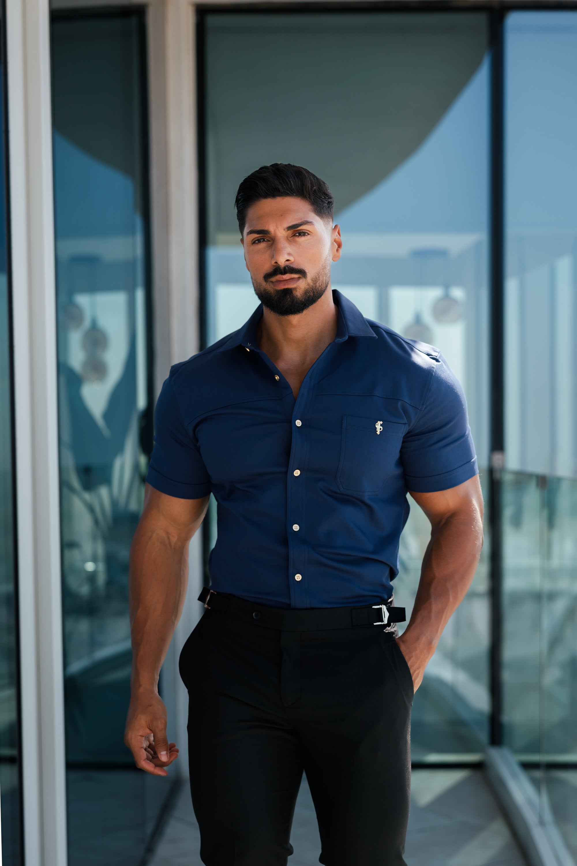 Super Slim Stretch Navy Denim Short Sleeve with Horizontal Seam and Pocket- FS959