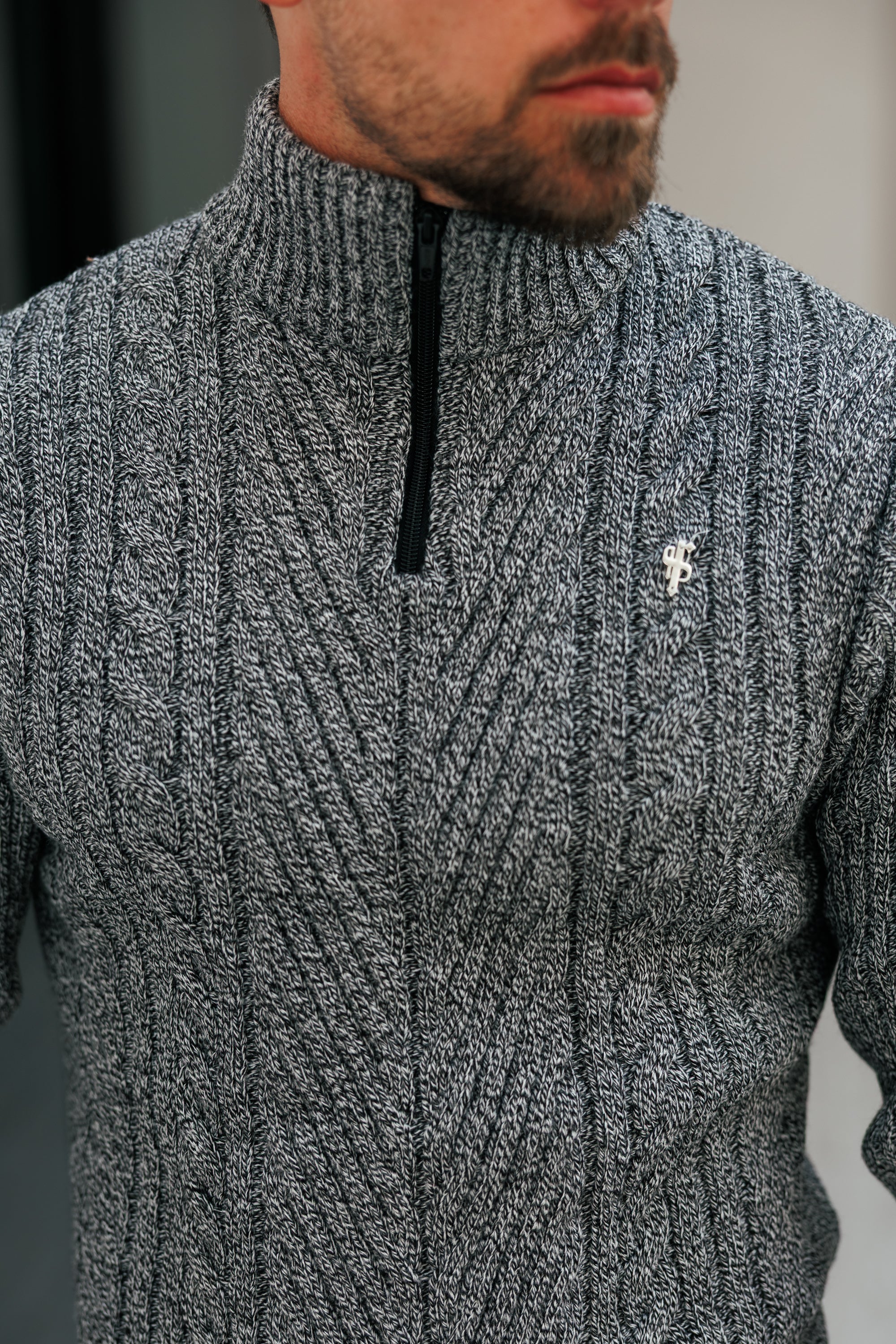 Funnel Neck Jumper with Quarter Zip Black / White Two Tone - FSJ154