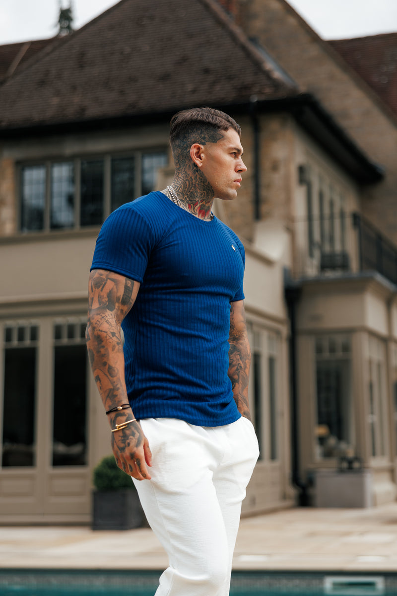 Father Sons Classic New Navy / Gold Ribbed Knit Super Slim Short Sleeve Crew - FSH1383