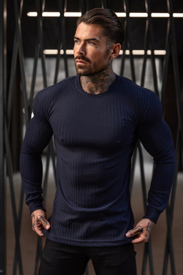 Father Sons Classic Navy Ribbed Knit Sweater With Tonal Embroidery - FSH944