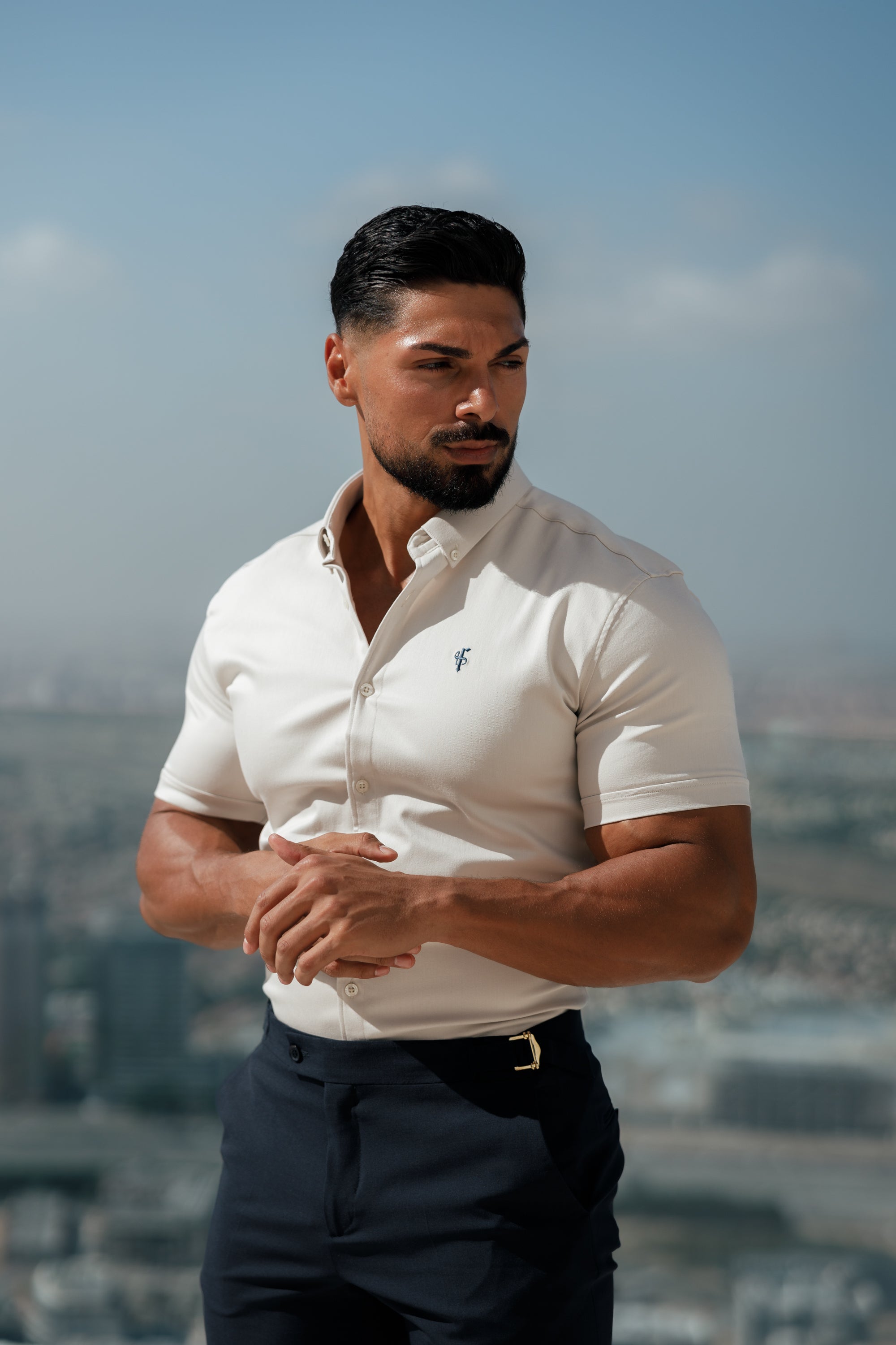 Super Slim Stretch Oatmeal Denim Short Sleeve With Button Down Collar - FS1025