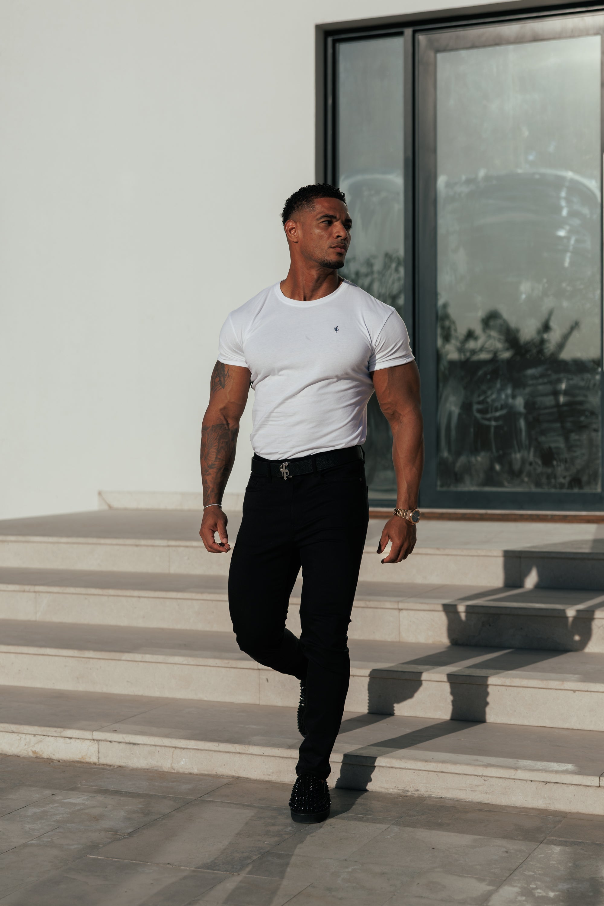 White / Silver Crew T-shirt with Silver Metal Emblem Decal FSH1453